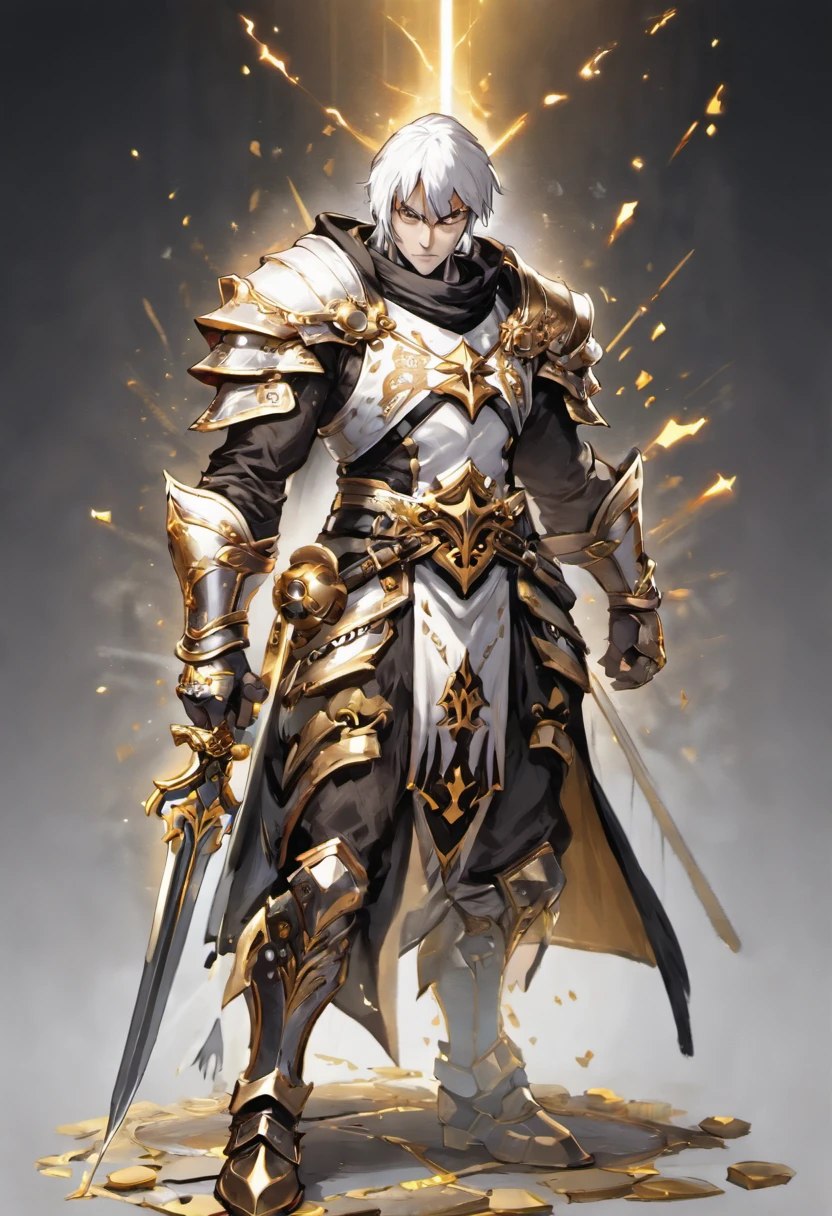man, dressed mainly in white, secondary colors of silver, golden and black, in fantasy city, highly detailed, digital art, looking at viewer, artstation style, intrincate details, noble man armor, sword on hand, knight style