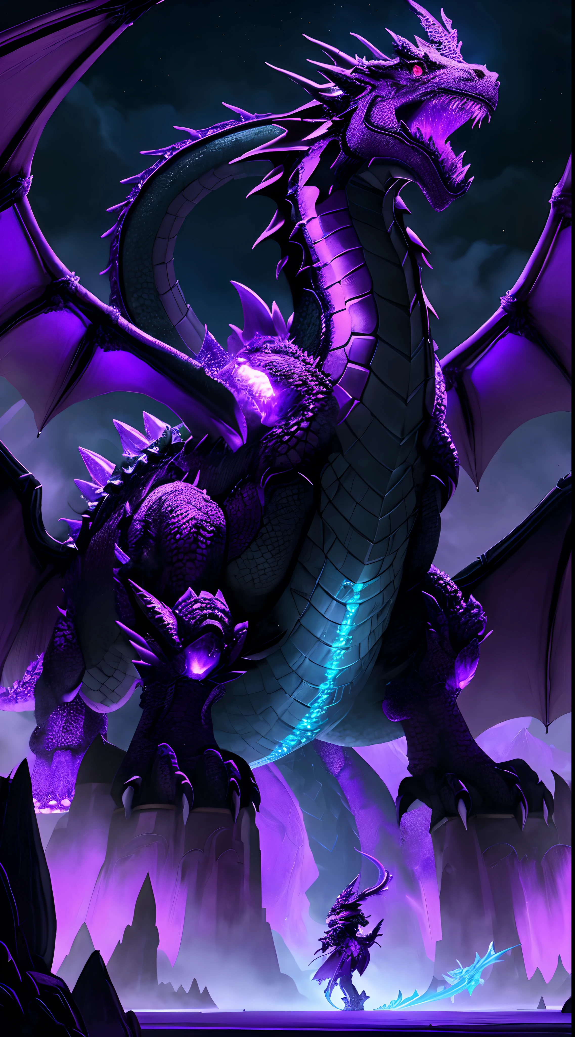 a picture of a dragon with purple and yellow eyes and a purple tail, colossal dragon as background, colossal dragon in background, dragon in the background, dragon in dragon lair, purple glowing core in armor, crystal dragon, purple fire around magic arena, legendary dragon, style of duelyst, lightning dragons attack, draconic looking armor, painted in the style arcane