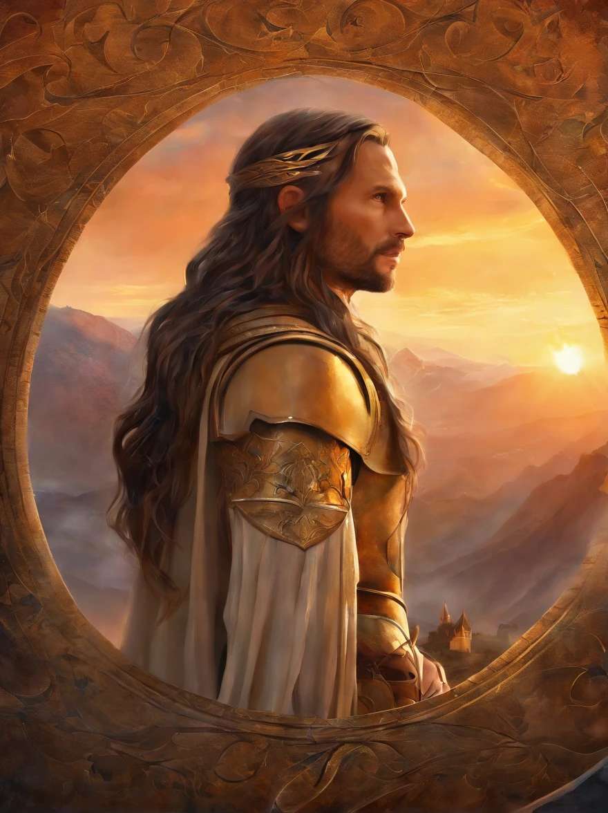 Rey Aragorn, armadura plateada, corona en la cabeza, brown hair and beard, Pose heroica, Altamente detallado, alta calidad, serene expression, Parece Viggo Mortensen, imagen cuerpo completo, Arco y flechas, Background of mountains and sun