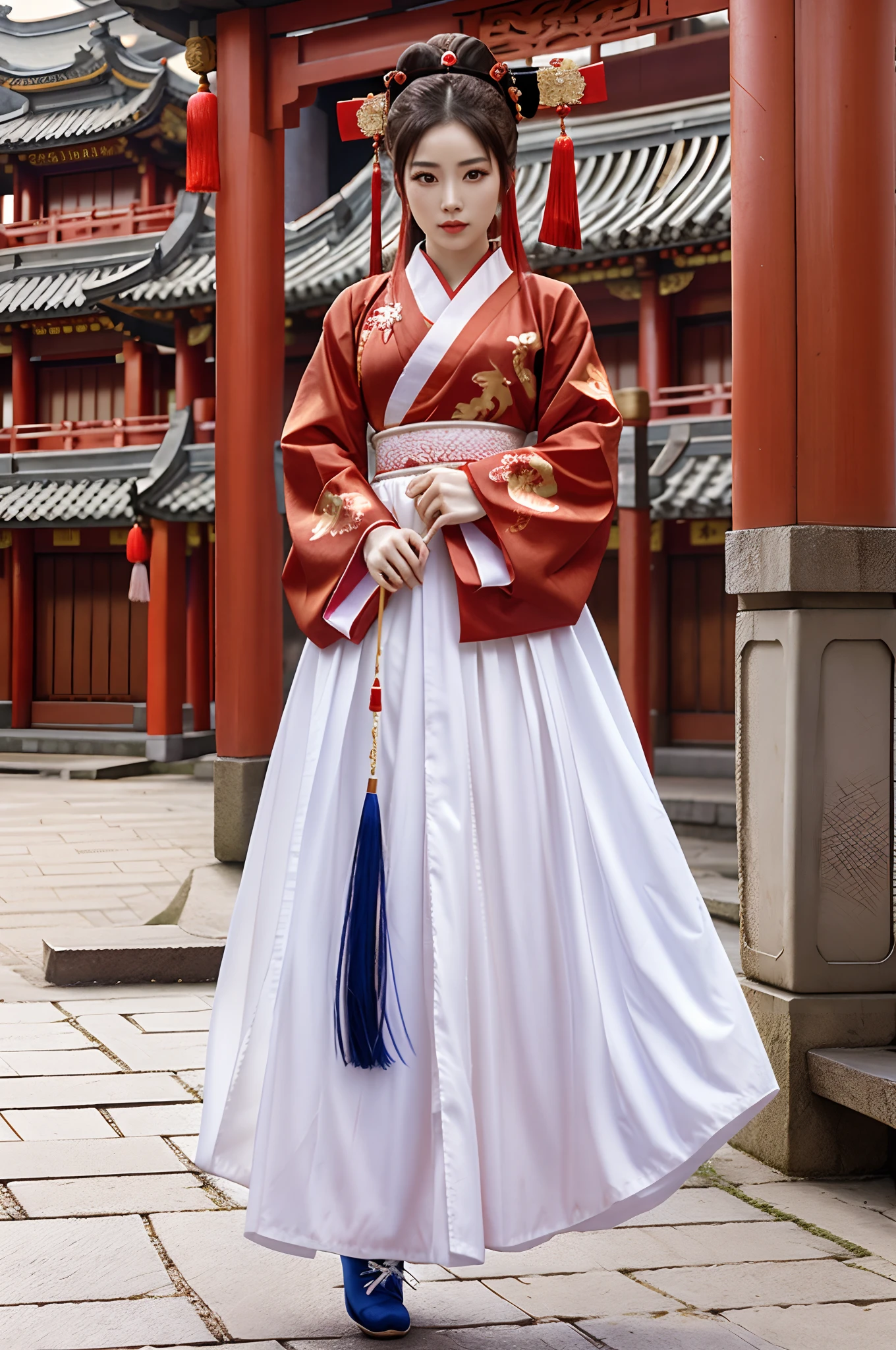 a human female character,taoist:1.4, single hairbun,chinese type, age around 20, small breasted, in a traditional wudang outfit,geisha hair,oiran hairsticks,athletic, 165 cm height, 55 kg weight, brown eyes