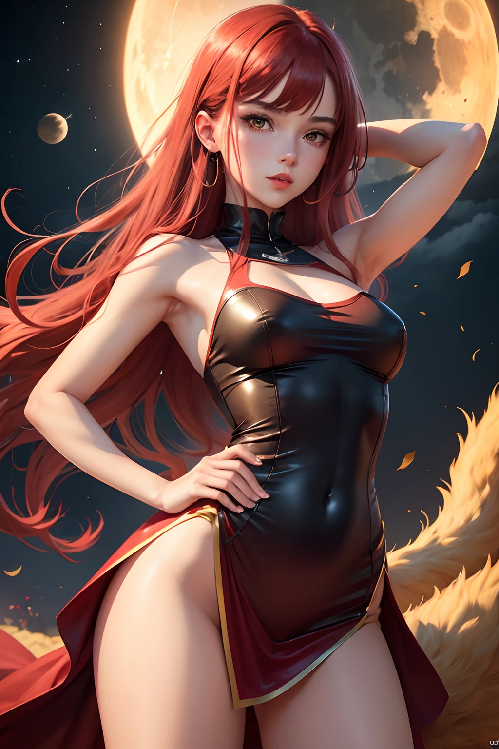 8k, hight quality, best quality, teenager, lunar on the cheek, clean armpits,  thin waist, red, long tail of red hair, brunette skin, yellow eyes, sexy look, (waifu), big legs, vestido negro, shotrs pant dress, big hips, stand up, red lips.