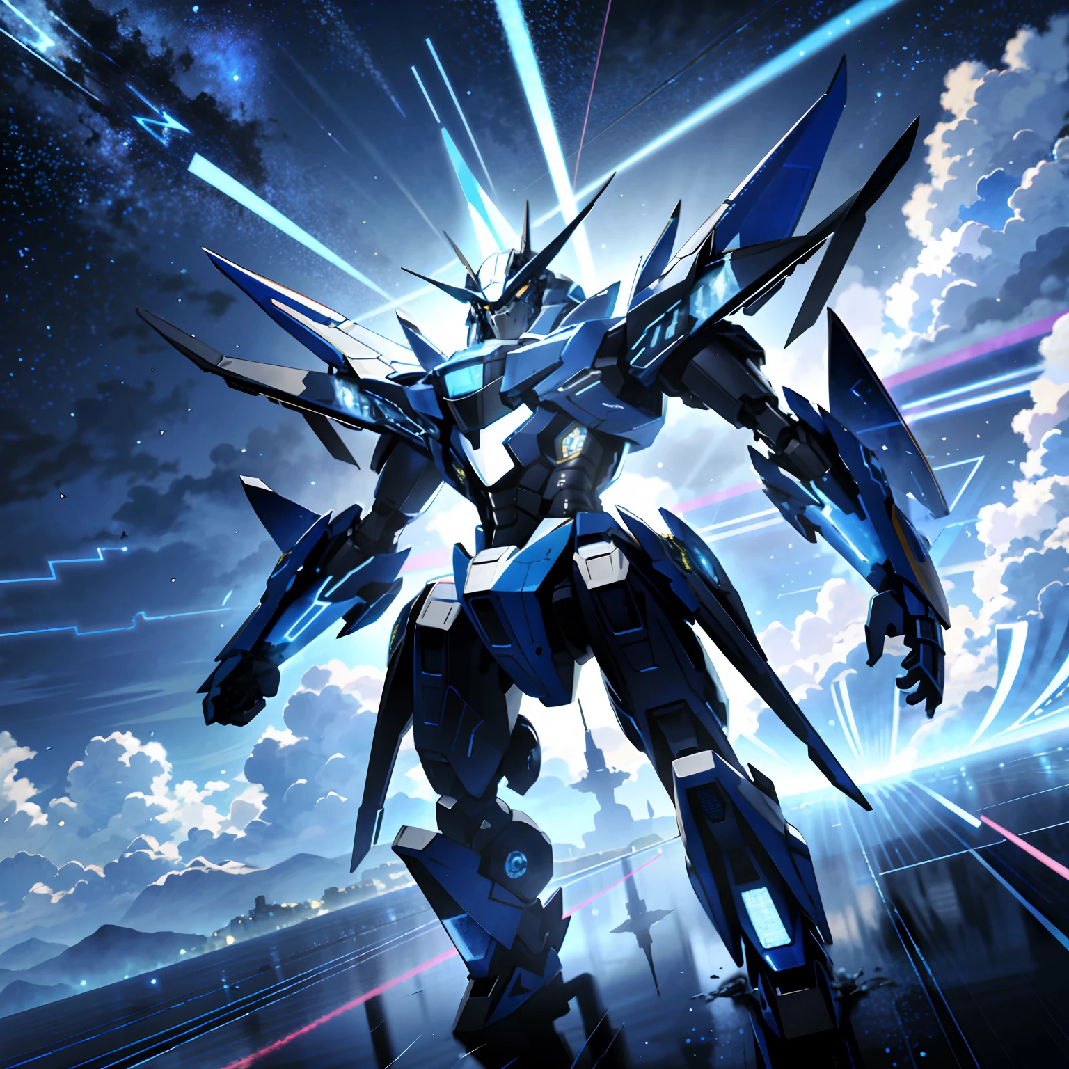 Absurd resolution, High resolution, (masutepiece: 1.4), Hyper-detailing, mechs, Blue airplane with blue wings, Flying in the sky (1.8) The background is wild, thunder、cosmic space、Wearing lightning、Emitting lines、warp、boost、teleportation、High-speed movement,(Blue afterimage:1.6)