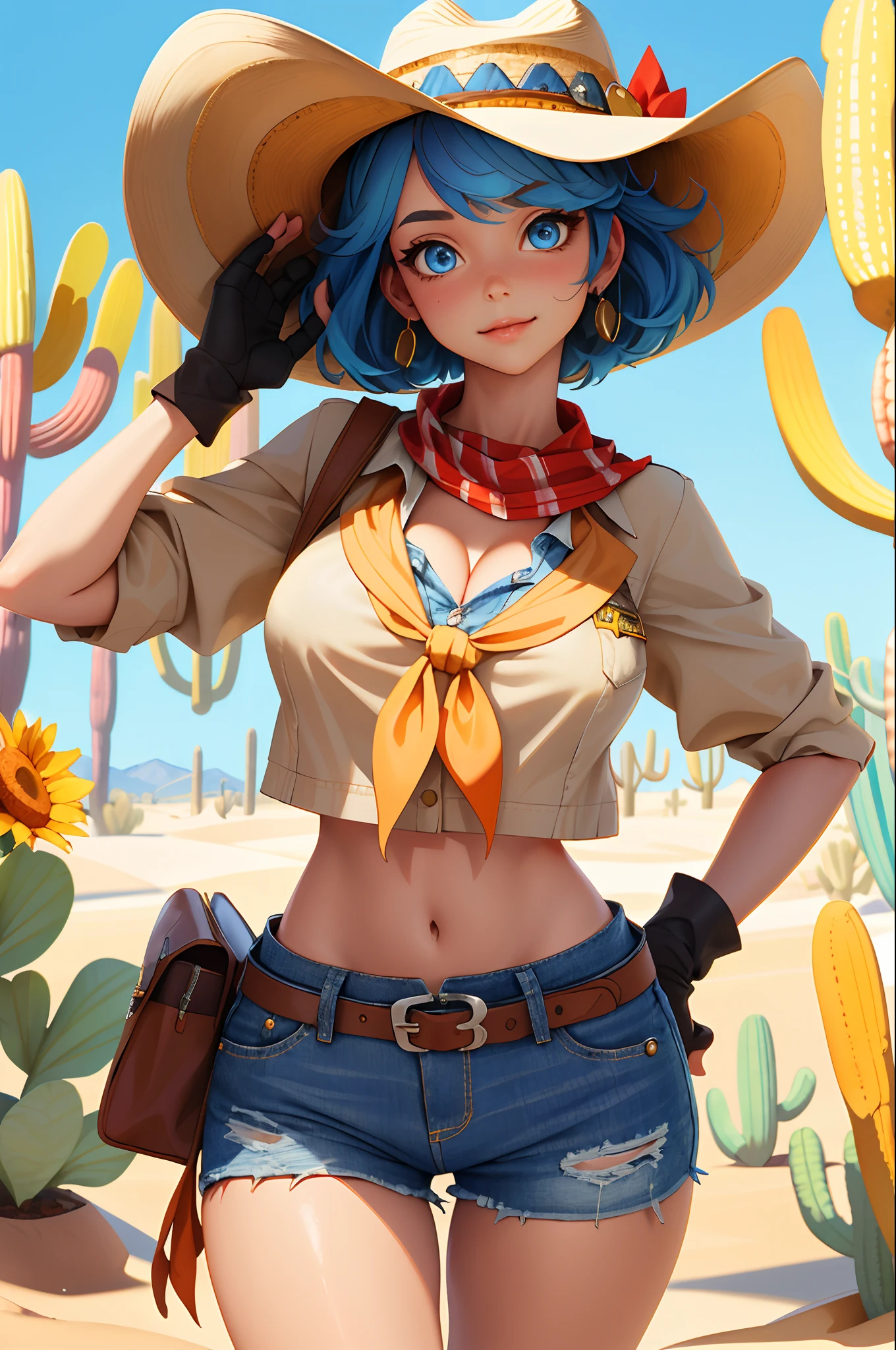 (masterpiece, best quality:1.4), absurdres, highres, ultra detailed, beautiful, 1girl, (cowboy, cowboy western, cowboy hat:1.4), (perfect face, detailed face, beautiful:1.3), (blue eyes, golden hair, bangs, hair intakes, short hair), ((natural breasts, cleavage)), collarbone, brown vest , collared shirt, buttons open to expose cleavage, exposed belly, fingerless gloves, gloves, hat, navel, neckerchief, red neckerchief, revolver, daisy dukes, denim shorts, shorts, slim thighs, belt, (sunny desert:1.4), thigh gap