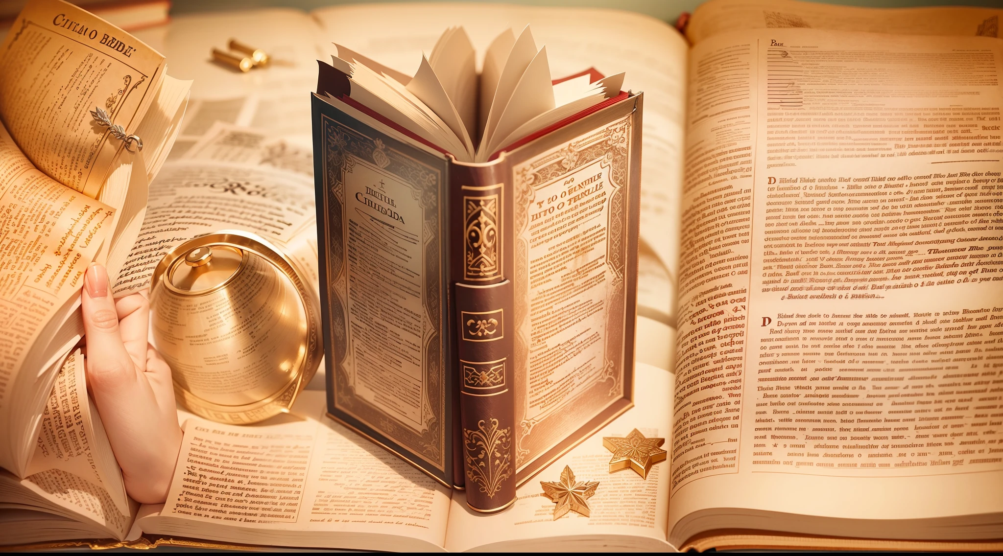 description: Crie uma imagem ilustrativa para a foto de capa do YouTube, highlighting an open Bible, mostrando passagens significativas. Add symbolic elements of Bible stories around the Bible. Use cores suaves e douradas para transmitir uma atmosfera serena. Add artistic details, remetendo ao estilo das escrituras antigas. The goal is to underscore the importance of the Bible as a spiritual guide and source of wisdom and inspiration.