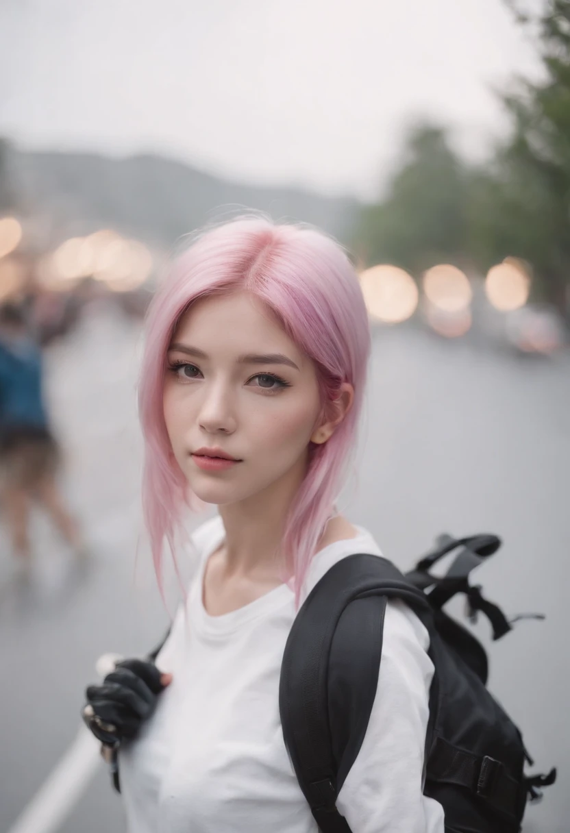 Anime girl with pink hair with backpack, She is seen wearing streetwear pieces, with pink hair, portrait of jossi of blackpink, ulzzangs, ((White)), amanda cerny , wearing cyberpunk streetwear, japanese streetwear, With long hair, Anime girl in real life, Casual pose, white hair