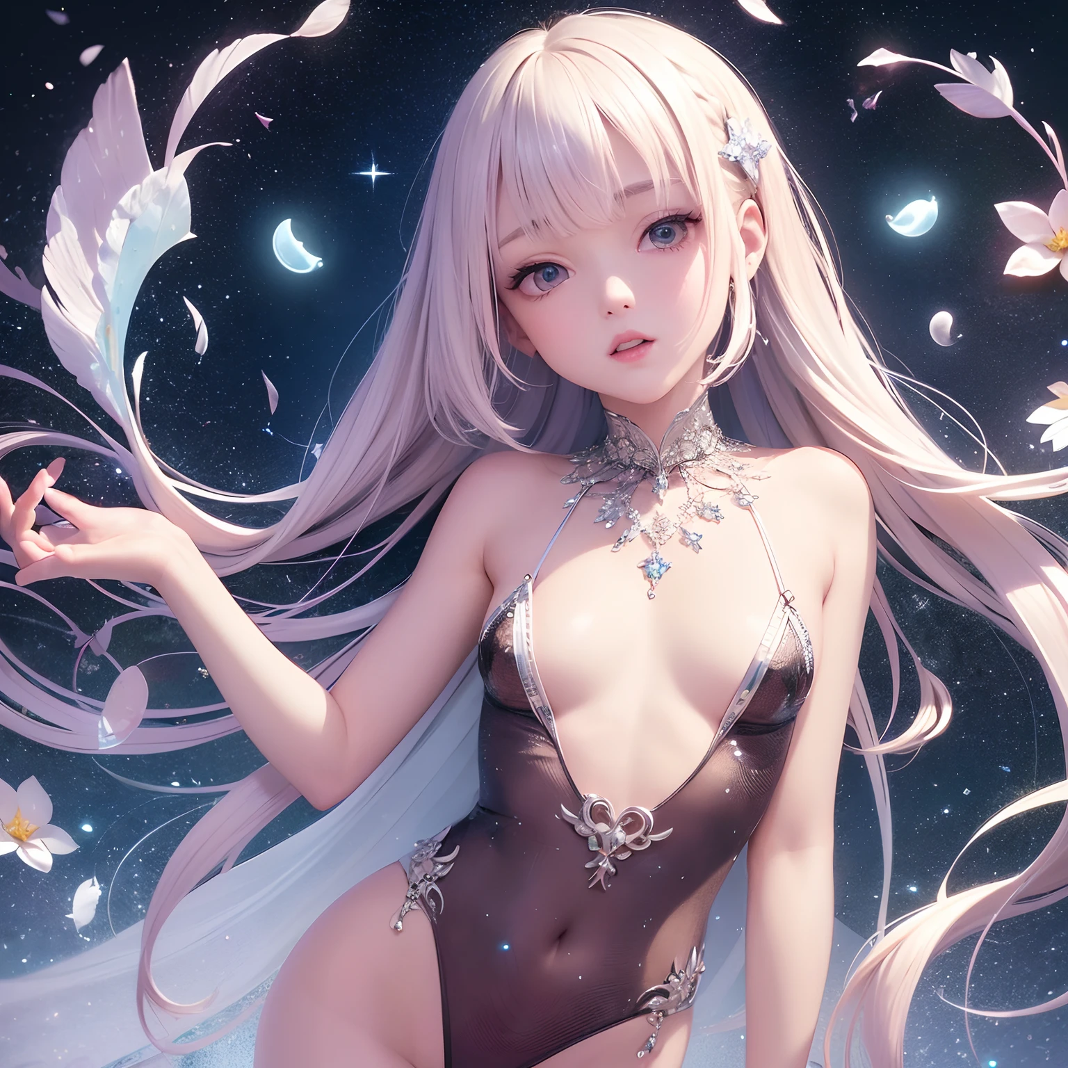 finest image, portrait, detailed and delicate depiction, beautiful cute sexy lady, amorous expression, lewd expression, ecstasy, orgasm, light pink glossy braided bangs iridescent messy short hair, emerald green sparkling big eyes, red alluring moist big thick lips, (flat chest:1.4), abs, ass, slender, long thin legs, sexy dress, stars and moon reflected on the water surface, background that emits fantastic light, light particles, light sparkles, petals, scatter white red gold and silver glitter and confetti, rainbow-colored feathers, professional lighting