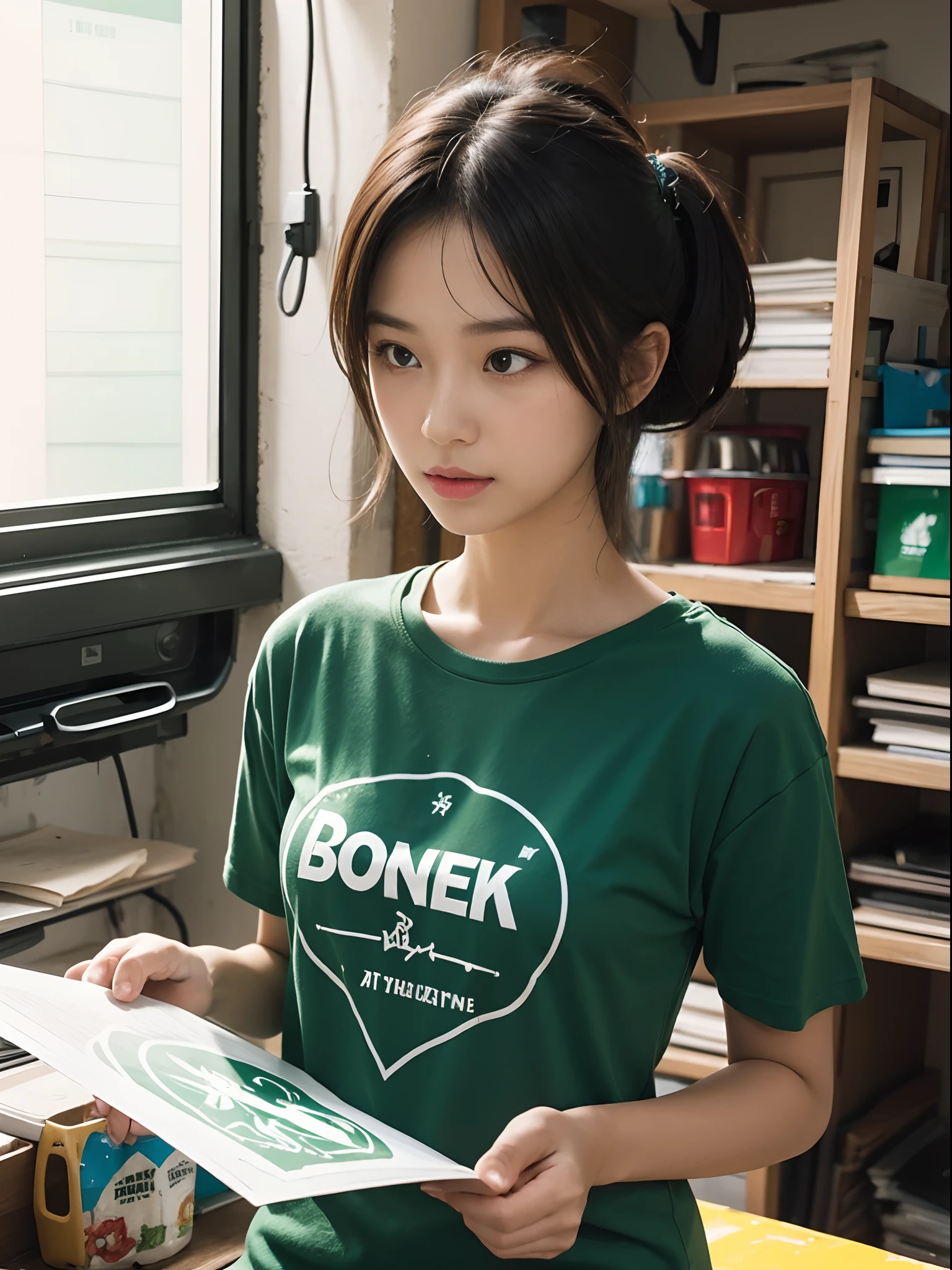 a beautiful girl in a green t-shirt that says screen printing reading_BONEK