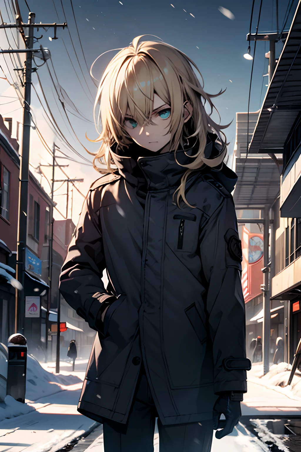 pale boy, blonde hair, green eyes, long hair, long bangs, long hair, in the snow, in a snowy futuristic city, wearing a torn blue coat, torn black pants, dark circles under his eyes, loser look, shy face ,4k,