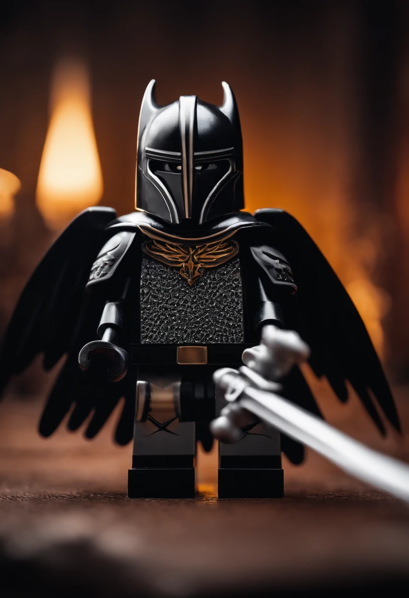 Lego black falcon knight. realistic, render 3d, sword in hand