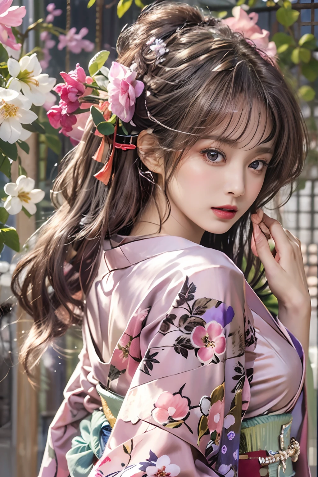 ((front view)), Laura Marano (wearing a small kimono),cherry trees in background, big breasts, huge cleavage, photoreal render,high contrast image, rendering by octane,zbrush。character design,realisticlying,unreal-engine,ultra - detailed,concept-art,trends in art station。 ((best quality)), ((masterpiece)), ((realistic)), (detailed), (brown eyes:1.2), highly detailed skin and hair, Fantasy art,stunning gradient colors,detailed back ground,extremely detaile, tmasterpiece),HDR,,