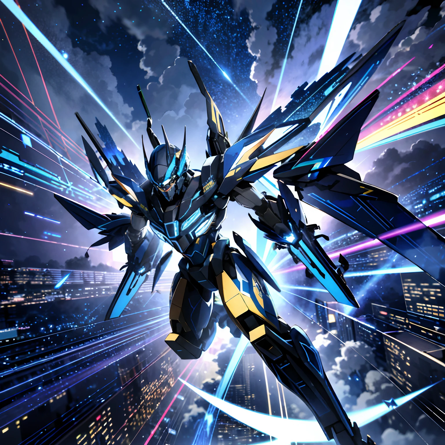 Absurd resolution, High resolution, (masutepiece: 1.4), Hyper-detailing, mechs, Blue airplane with blue wings, Flying in the sky (1.8) The background is wild, thunder、cosmic space、Wearing lightning、Emitting lines、warp、boost、teleportation、High-speed movement,(Blue afterimage:1.6)