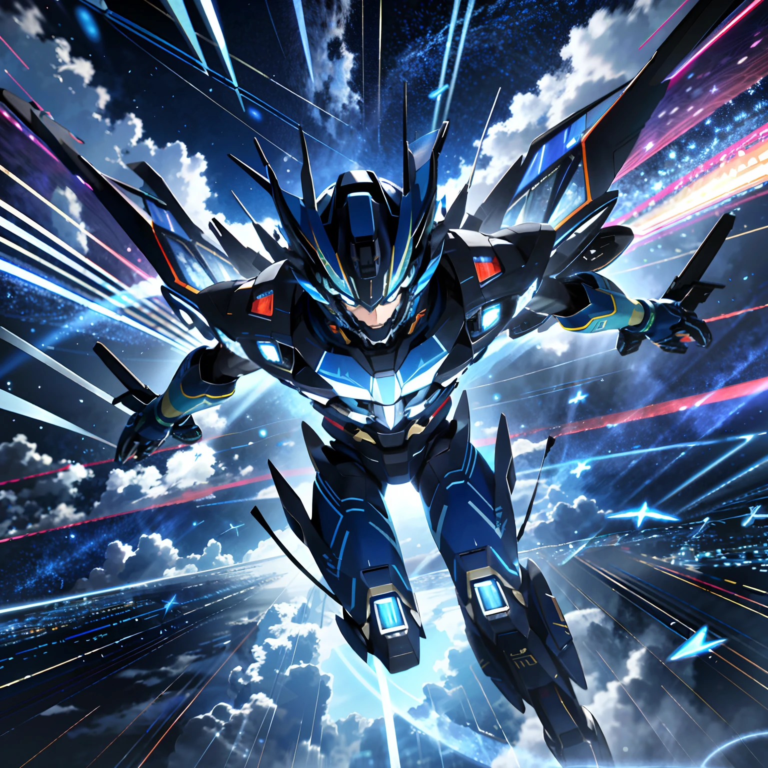 Absurd resolution, High resolution, (masutepiece: 1.4), Hyper-detailing, mechs, Blue airplane with blue wings, Flying in the sky (1.8) The background is wild, thunder、cosmic space、Wearing lightning、Emitting lines、warp、boost、teleportation、High-speed movement,(Blue afterimage:1.6)