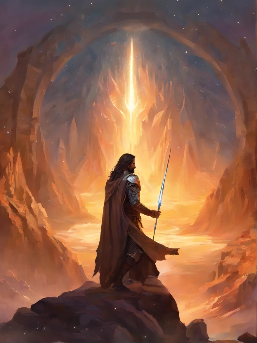 Rey Aragorn, armadura plateada, corona en la cabeza, brown hair and beard, Pose heroica, Altamente detallado, alta calidad, serene expression, Parece Viggo Mortensen, imagen cuerpo completo, arco y flechas, Background of mountains and sun