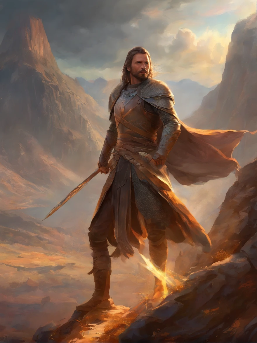 Rey Aragorn, armadura plateada, corona en la cabeza, brown hair and beard, Pose heroica, Altamente detallado, alta calidad, serene expression, Parece Viggo Mortensen, imagen cuerpo completo, arco y flechas, Background of mountains and sun
