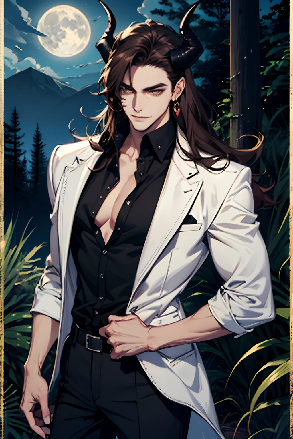 (absurdres, highres, ultra detailed), 1man, 30 years old man, adult man, handsome, tall, finely detailed eyes and detailed face, tight black pants, black shirt, night, smile, ((long hair, brown hair)), (((black ram horns))), moon, forest, silver earrings, gothic, dark, looking at the view, pale skin, yellow detailed eyes, eyeliner,(((open chest))), (masculine), sexy, smirk, seductive, slightly muscular, very attractive, flirtatious