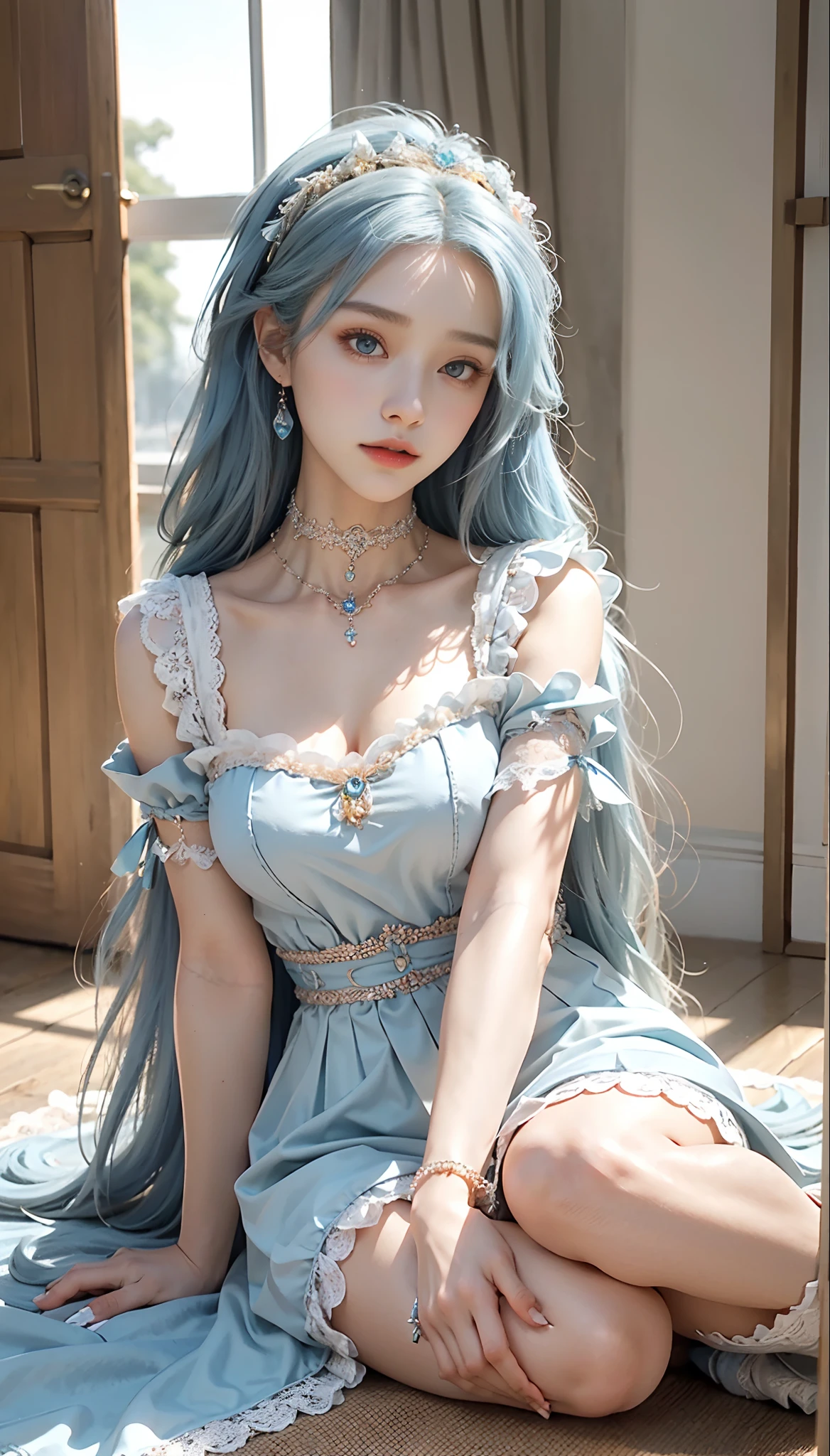 meticulous portrayal of face,1 noblewoman,(Lace orange Lolita maxi dress),(Long flowing light blue hair),Exquisite jewelry all over the body,Collar,Anklets,head chain,Lace-trimmed socks,(Lolita shoes), s the perfect face, perfect hand, Perfect Finger, Perfect lips, perfect eyes,Extremely normal body, Perfect background