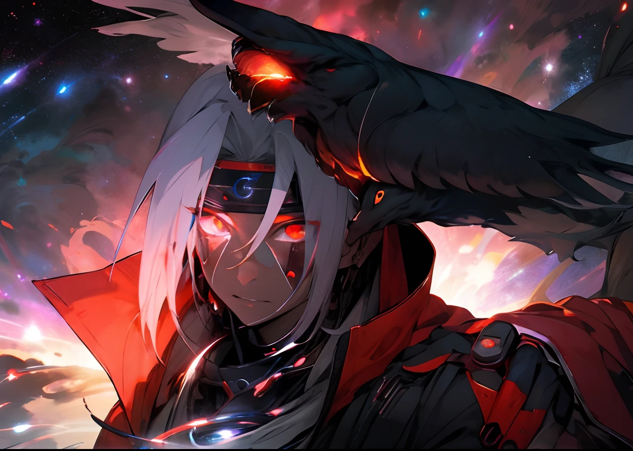 Galactic backdrop, light trails. Dark, red eyes