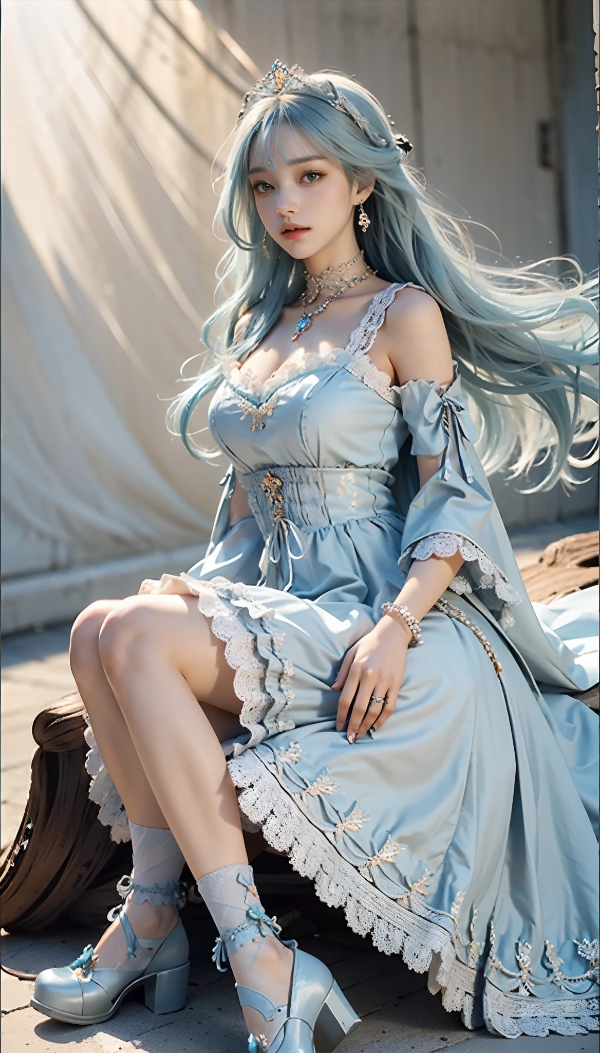 meticulous portrayal of face，1 noblewoman，(Lace orange ta maxi dress)，(Long flowing light blue hair)，Exquisite jewelry all over the body，Collar，Anklets，head chain，Lace-trimmed socks，(Lolihoes)， s the perfect face， perfect hand， Perfect Finger， Perfect lips， perfect  eyes，Extremely normal body， Perfect background
