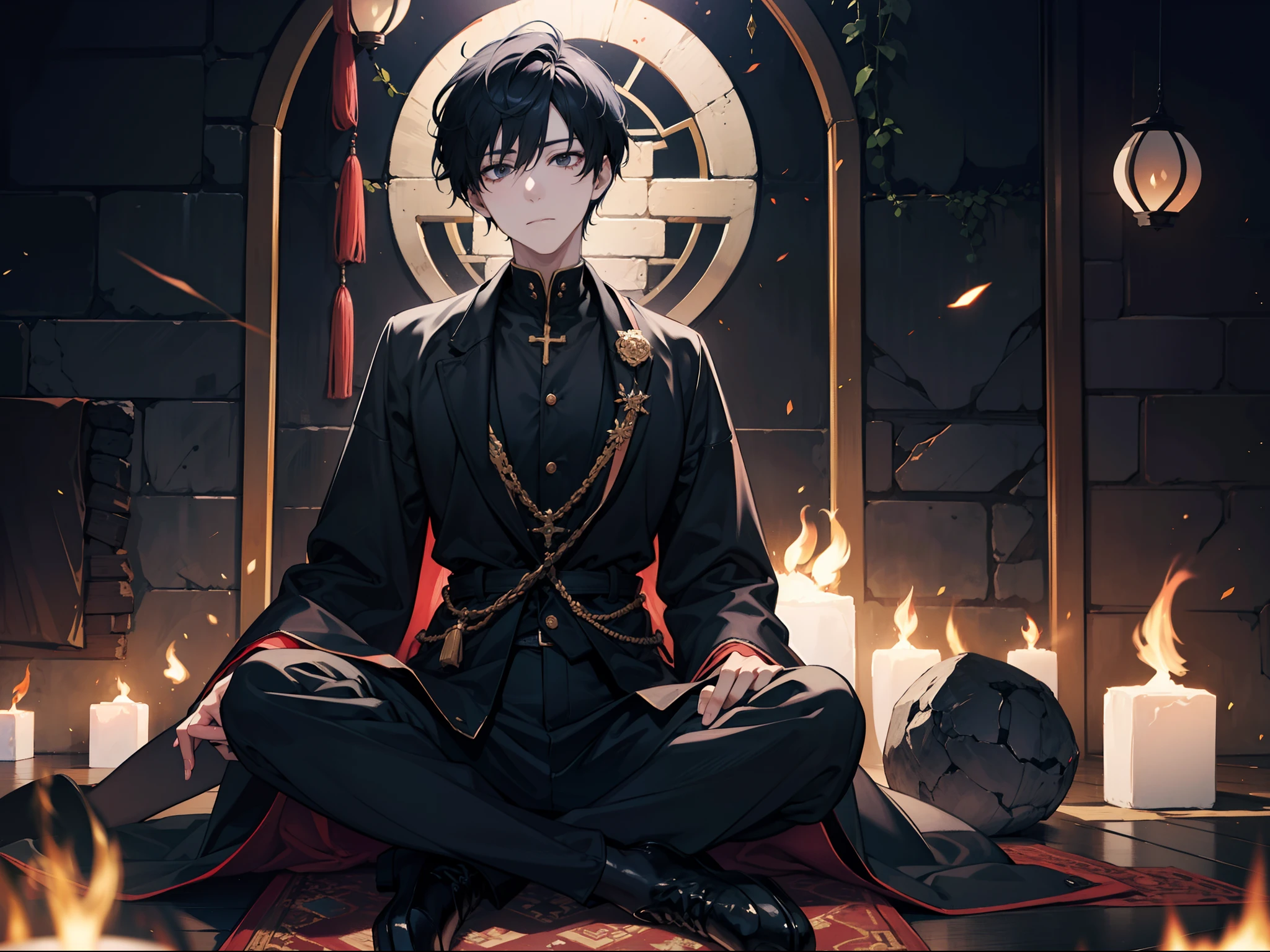 of a guy，with short black hair，Black clothes，Handsome looking，The expression is serious，Sit cross-legged in a dark cell meditating（Meditation 1.4），The fireball levitated in front of him，Spell Flame，spark of light，vortex，The floor of the prison is covered with straw，The walls are stone bricks，Old，super-fine，Describe the details in detail，Detailed depiction of facial features