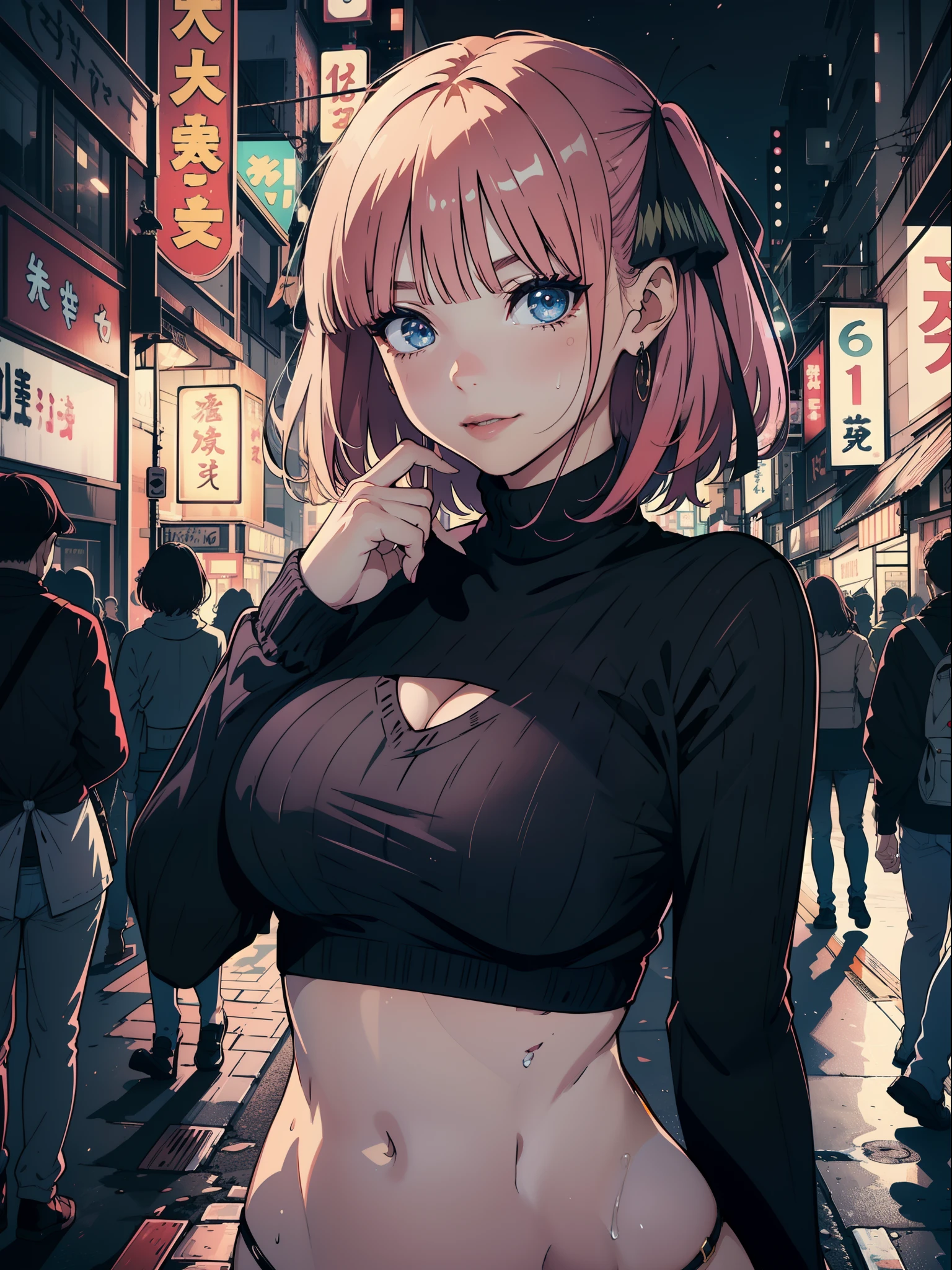 Dynamic poses, ultra detail, large breast,looking at viewer, top quality, masterpiece,detail face, outdoor, top quality, smile, jewellery, elegant, blush, night:1.5, black turtleneck sweater, navel, six pack, body goals:1.5, hair ornament, tokyo city:1.5, 1female，（Very detailed CG unity 8K wallpaper），best qualtiy，cinematic lighting，detailed background，beatiful detailed eyes，Bright pupil，Redlip（Very fine and beautiful），（Beautiful and detailed eye description），ultra - detailed，masterpiece，）, exposed cleavage, black panties, sweating, one hand behind head, short hair