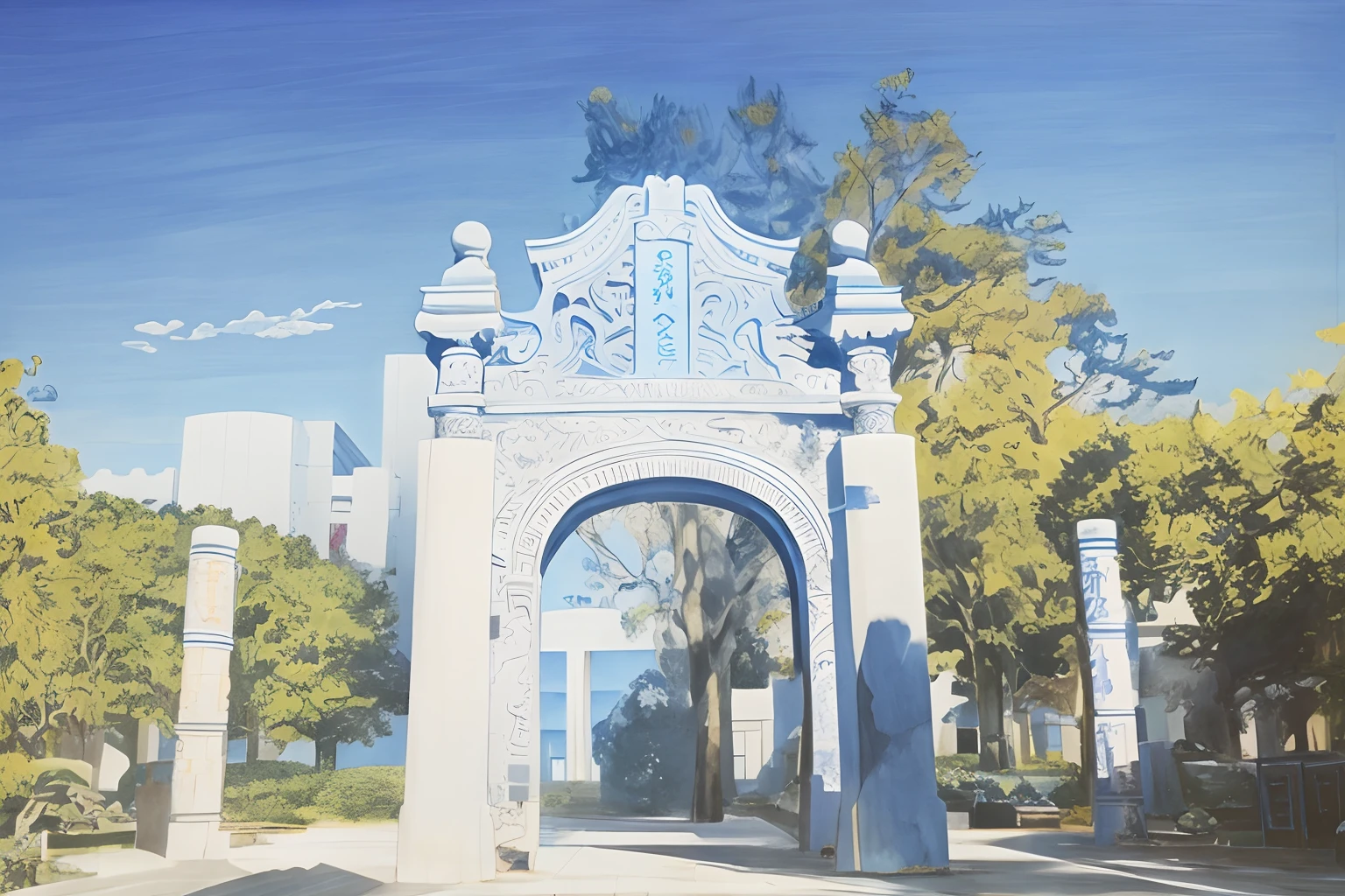 Manhwa Style,in style of hayao miyazaki,blue-sky,The sun shines in the shadows,Arch of history,Pillars of solemnity