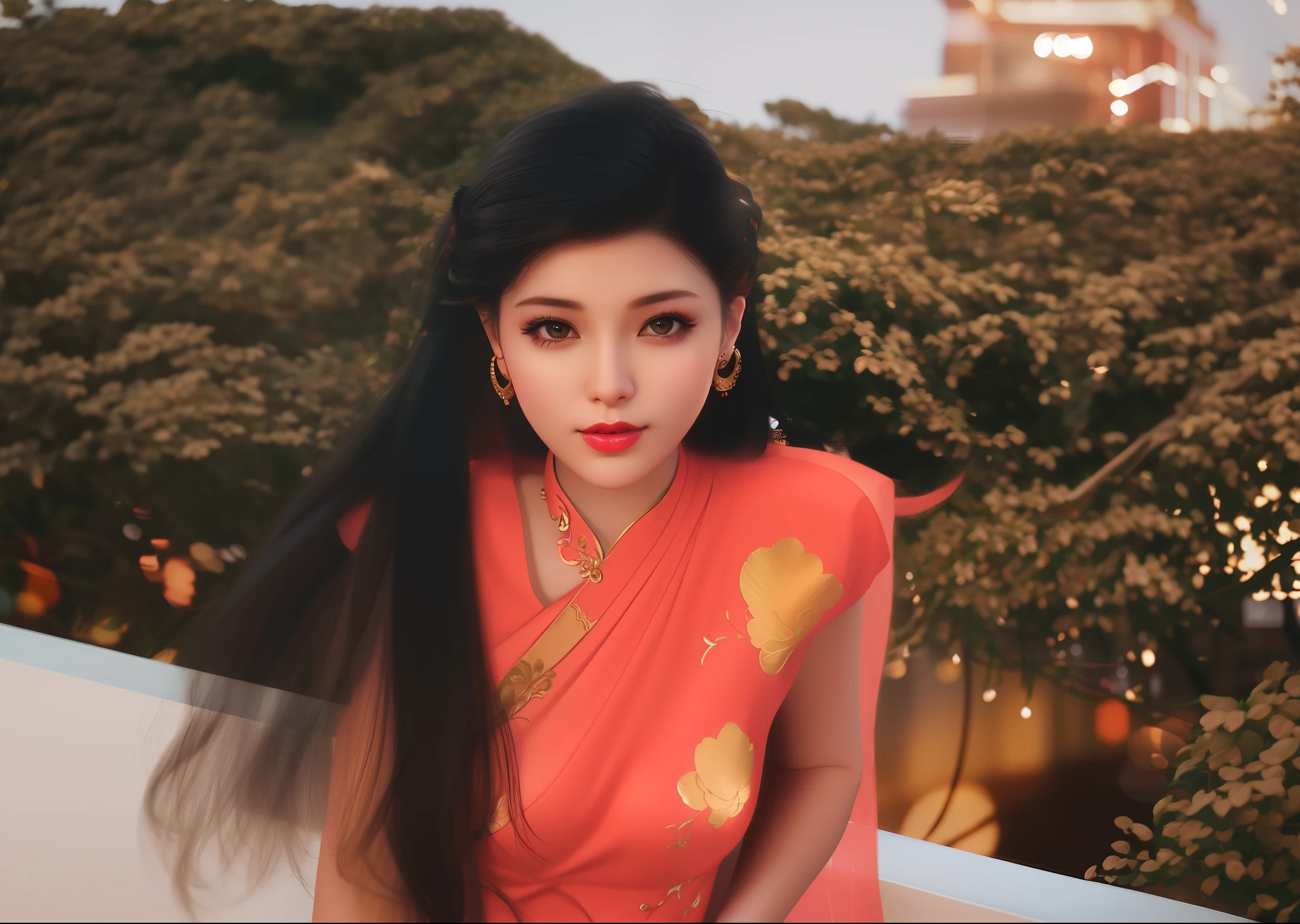 best quality, masterpiece, high resolution, 1girl, chinese dress, hair ornament, necklace, jewelry, beautiful face, upon_body, tyndall effect, photorealistic, king's room studio, rim lighting, two-tone lighting, (high detailed skin: 1.2), 8k uhd, Dslr, Soft lighting, high quality, Volumetric lighting, Sincere, Photography, high resolution, 4k, 8k, Bokeh, Light red red hair color,  Medium breasts, Light pink lips,