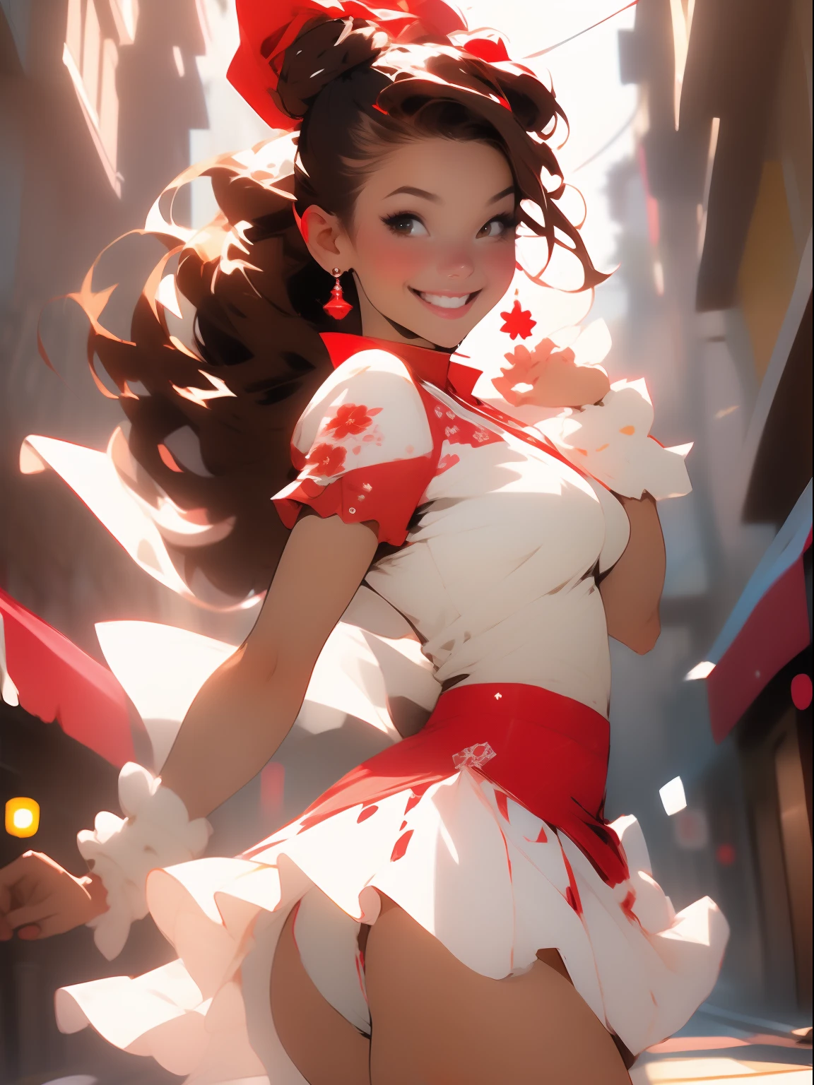 (((best quality))) (( smiling young woman )) ((bun hairstyle)) (( dark brown hair)) performing traditional, dance (( open street)) white and red ornate bodysuit, (((white and red short satin skirt ))) ((( upskirt ))) ((white panties)) sexy upbeat pose, festive atmosphere, beautiful faces, niji --V5 (cartoon:0.8), (dynamic pose:1.2)