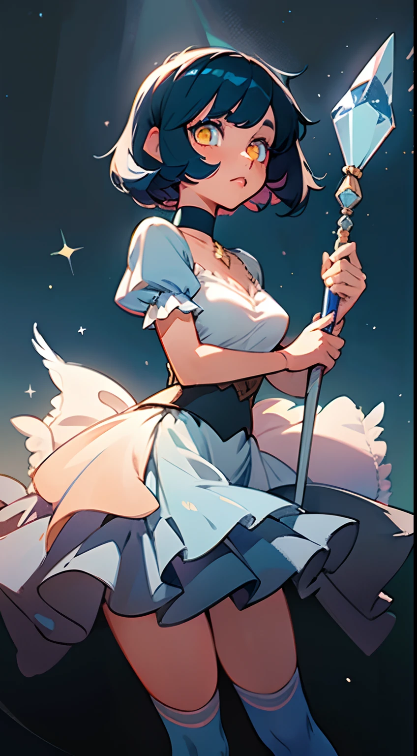 hightquality, Pure Beautiful Girl, Dark Blue Medium Bob Hair, Starry Yellow Eyes, Moderately large breasts, Crystal clear white skin, Light Blue Eyeshadow, Peach-colored lips, adventurer, white frilly blouse, Black miniskirt, knee high socks, Absolute area, a black choker,Magic wand with large light blue feathers, The background is a village