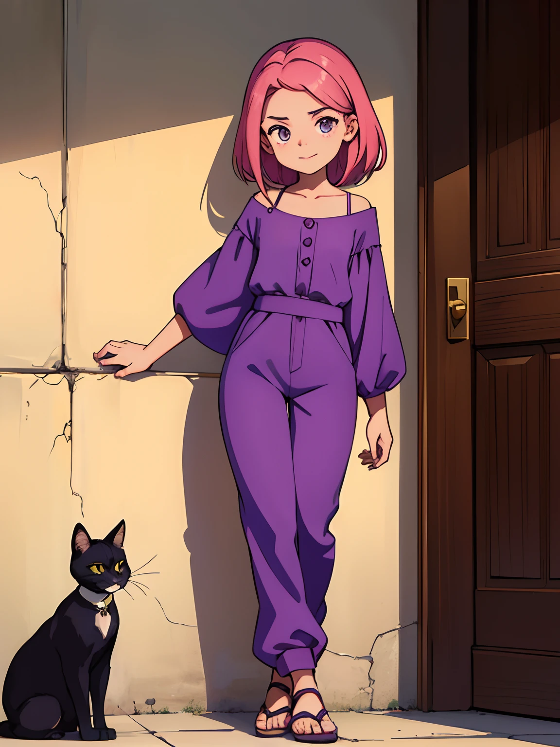 , Energetic and communicative, cabelos ruivos, pele rosada, sardas pelo corpo, olhos castanhos claros quase avermelhados, sorriso encantador, Ela adora animais, especialmente gatos, e sempre que pode, brinca e cuida deles. She wears a violet jumpsuit that exposes her legs to the middle of her thigh, Combined with comfortable and adherent sandals. He is a curious child and is always on the lookout for adventures and new discoveries.