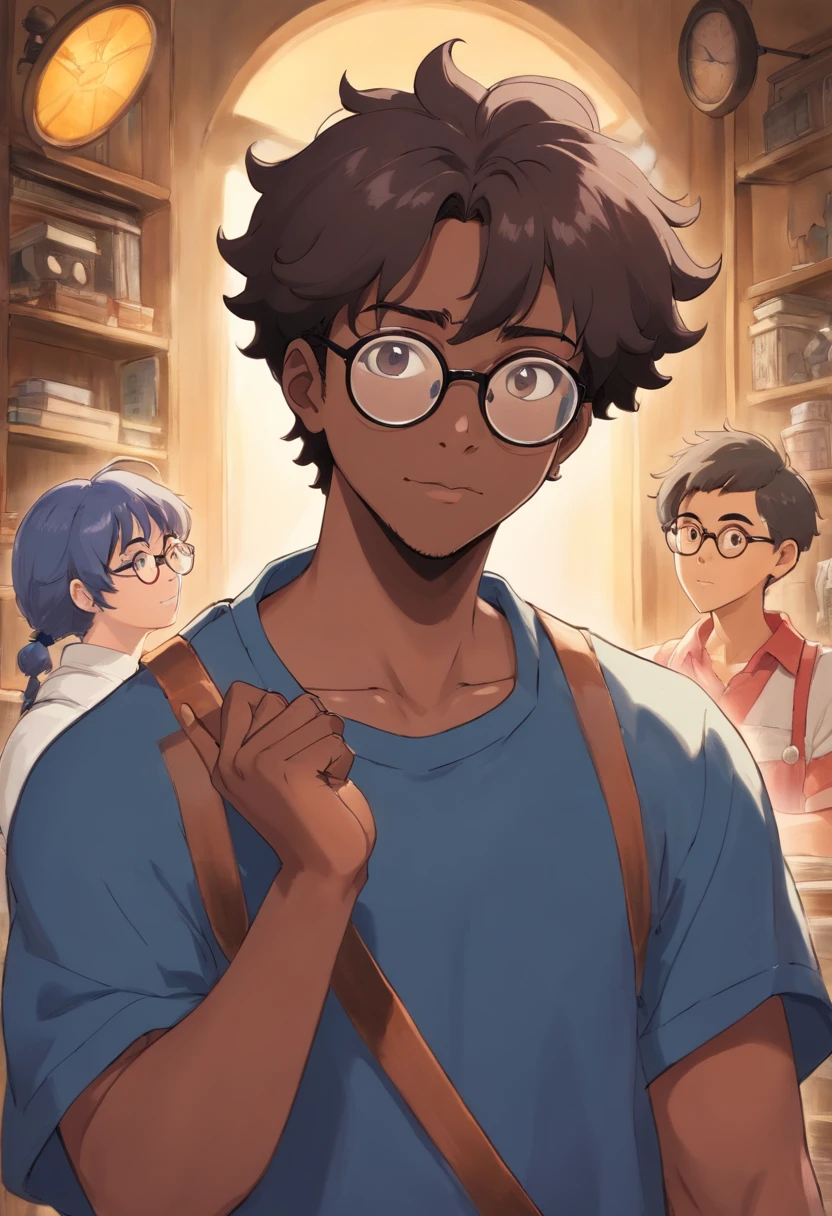 Please make a black man 1,67 m de altura, cabelo crespo curto, um pouco musculoso, wearing prescription glasses