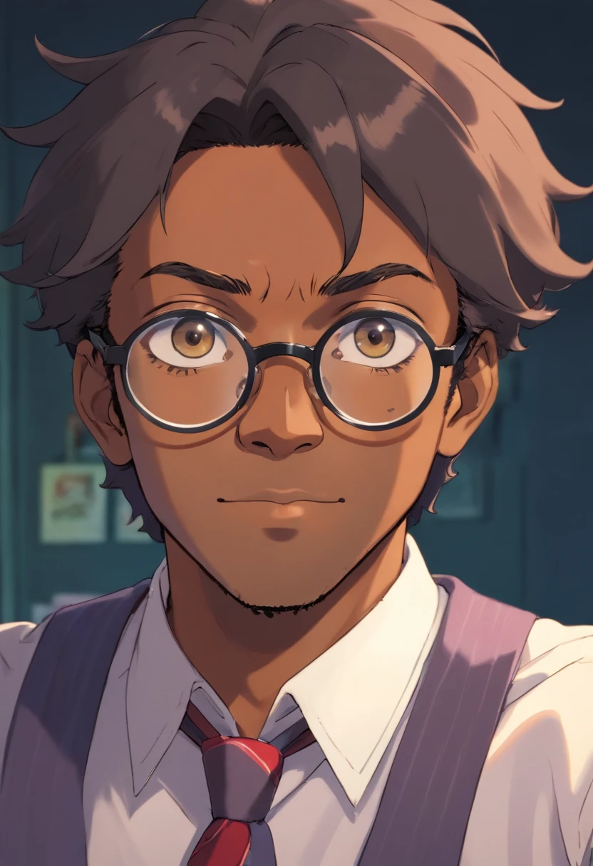 Please make a black man 1,67 m de altura, cabelo crespo curto, um pouco musculoso, wearing prescription glasses