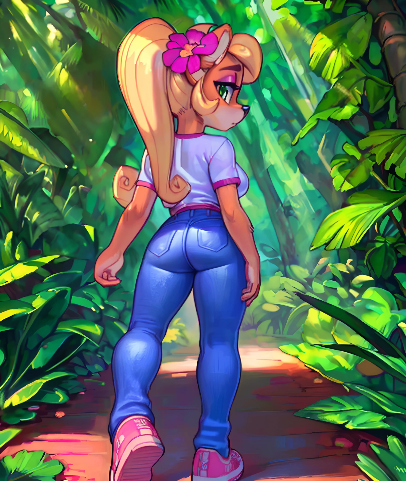 [Coco bandicoot], [Uploaded to e621.net; (Pixelsketcher), (wamudraws)], ((masterpiece)), ((high quality)), ((HD)), ((solo portrait)), ((full body)), ((front view)), ((furry; anthro)), ((detailed fur)), ((detailed shading)), ((beautiful render art)), ((back view)), ((shoes visible)), ((intricate details)), {anthro; orange fur, black nose, (cute half-closed green eyes), (pink eyeshadow), (expressionless), long blonde curly hair}, {(red tee shirt), (tight denim shorts), (pink sneakers)}, {(standing), (arms at sides), (looking back)}, [background; (tropical forest), (trees), (sun rays), (pink laptop)]
