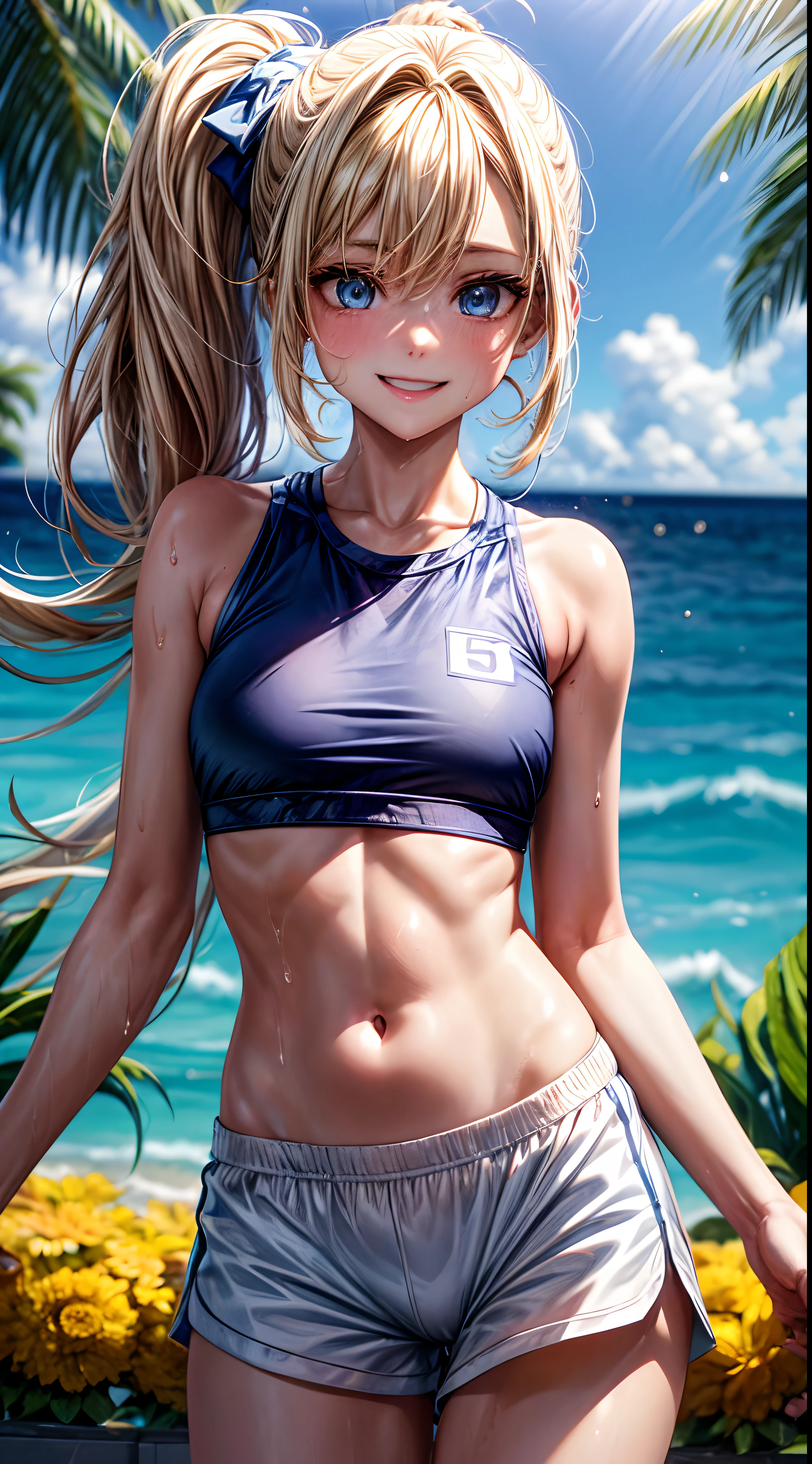 femele,１Child 0 years old,Golden head hair,sports wear,White Sports Bra,shortpants,Side Up Ponytail,Blue eyes,through,Mansuji, are see-through,small tits,The crotch is wet,If you shift your shorts, you can see your pants,A smile,