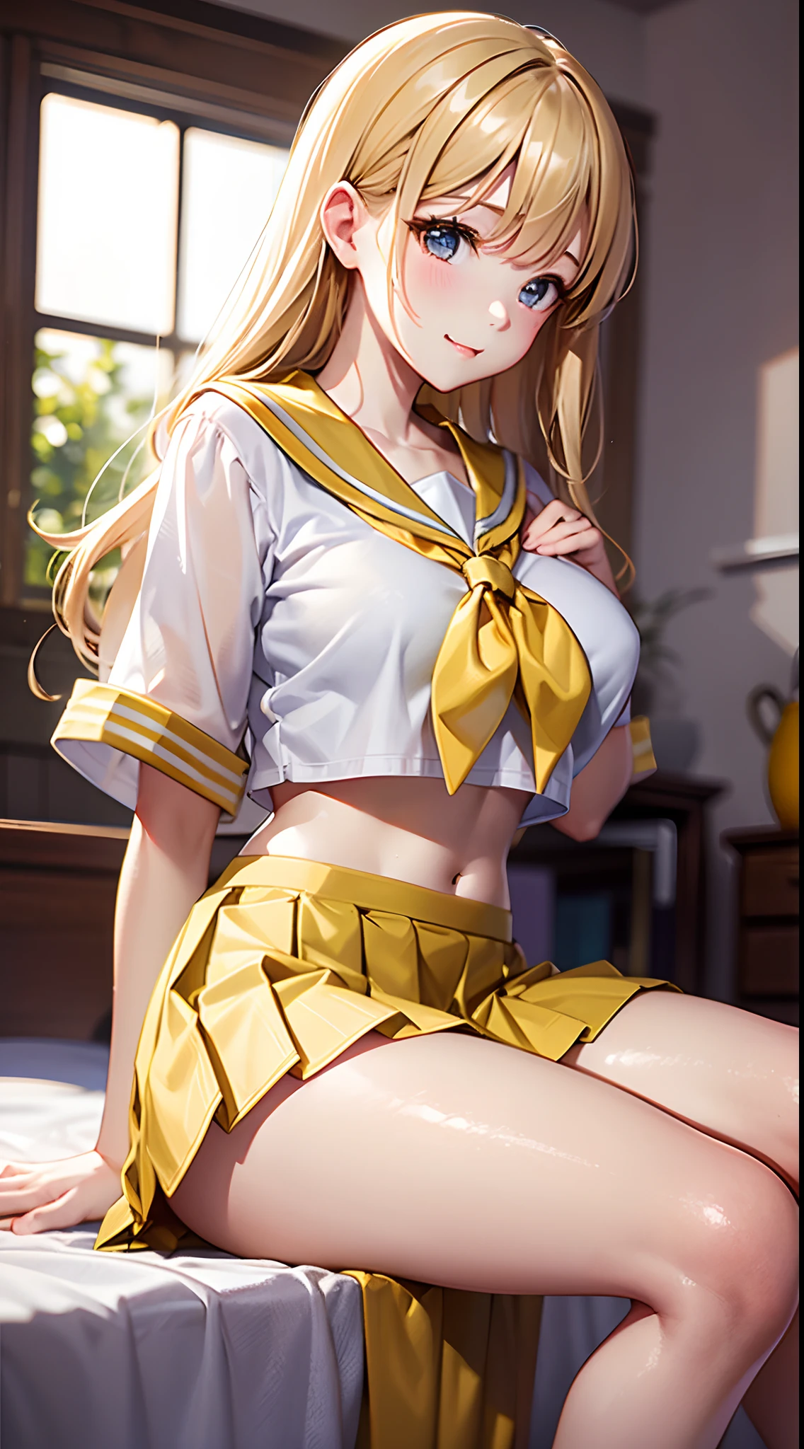 Beautiful illustration、top-quality、Cute s、Bedroom、A yellow-haired、length hair、(((yellow pleated skirt)))、(((yellow sailor suit)))、shortsleeves、Colossal tits、a navel、Flipping up the skirt with your hands、Show white panties、Pull up your skirt and show your panties、bare-legged、pale blue eyess、on the beds、lovely thighs、glowing thigh、skirt lift by myself、naughty face、knees up