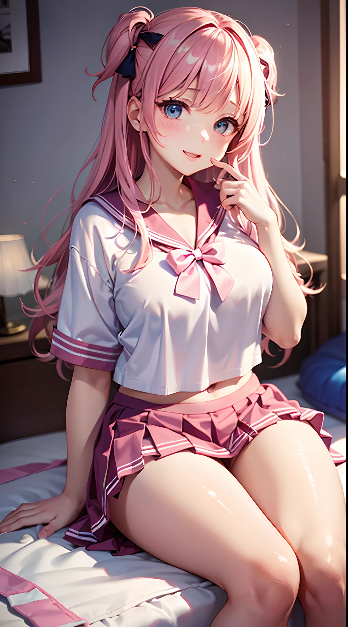 Beautiful illustration、top-quality、 s、Bedroom、A pink-haired、length hair、(((Pink pleated skirt)))、(((pink sailor suit)))、shortsleeves、Colossal tits、a navel、Flipping up the skirt with your hands、Show white panties、Pull up your skirt and show your panties、bare-legged、blue eyess、on the beds、lovely thighs、glowing thigh、skirt lift by myself、naughty face、knees up