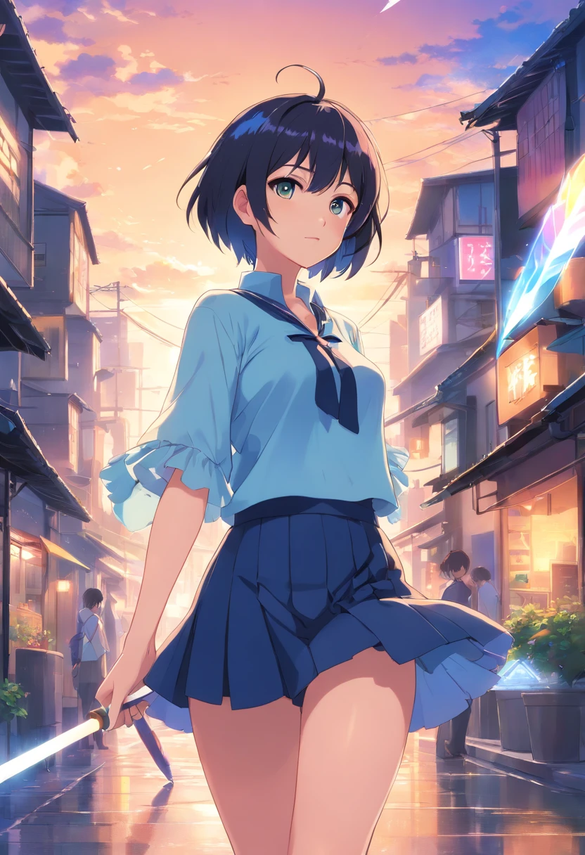 hightquality, Pure Beautiful Girl, Dark Blue Medium Bob Hair, Starry Yellow Eyes, Moderately large breasts, Crystal clear white skin, Light Blue Eyeshadow, Peach-colored lips, adventurer, white frilly blouse, Black miniskirt, knee high socks, Absolute area, a black choker,Magic wand with large light blue feathers, The background is a village