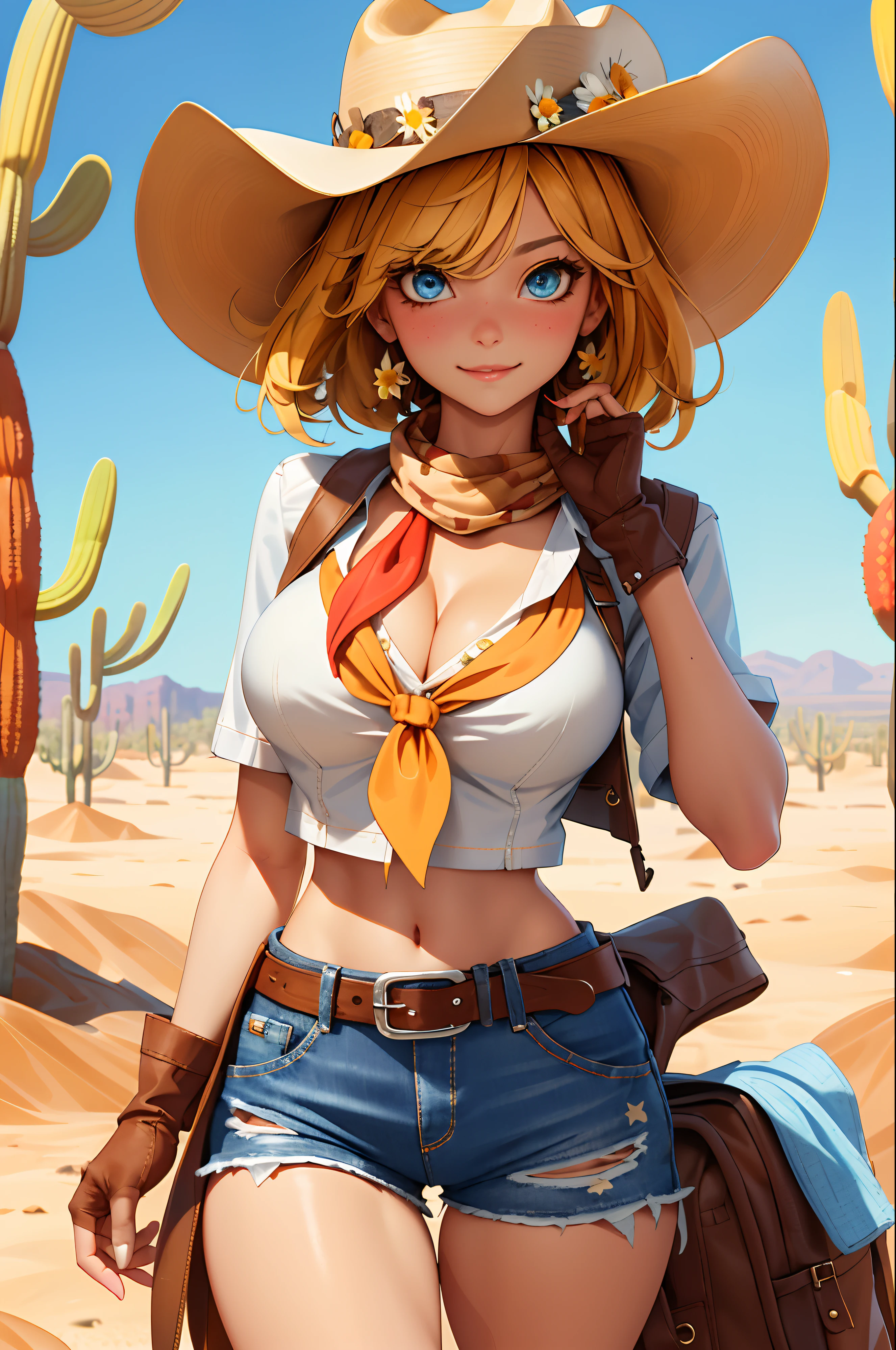 (masterpiece, best quality:1.4), absurdres, highres, ultra detailed, beautiful, 1girl, (cowboy, cowboy western, cowboy hat:1.4), (perfect face, detailed face, beautiful:1.3), (blue eyes, golden hair, bangs, hair intakes, short hair), ((medium breasts, cleavage)), collarbone, brown vest , collared shirt, buttons open to expose cleavage, exposed belly, fingerless gloves, short gloves, navel, neckerchief, red neckerchief, revolver, daisy dukes, denim shorts, shorts, very healthy thighs, belt, (sunny desert:1.4), thigh gap, wide hips