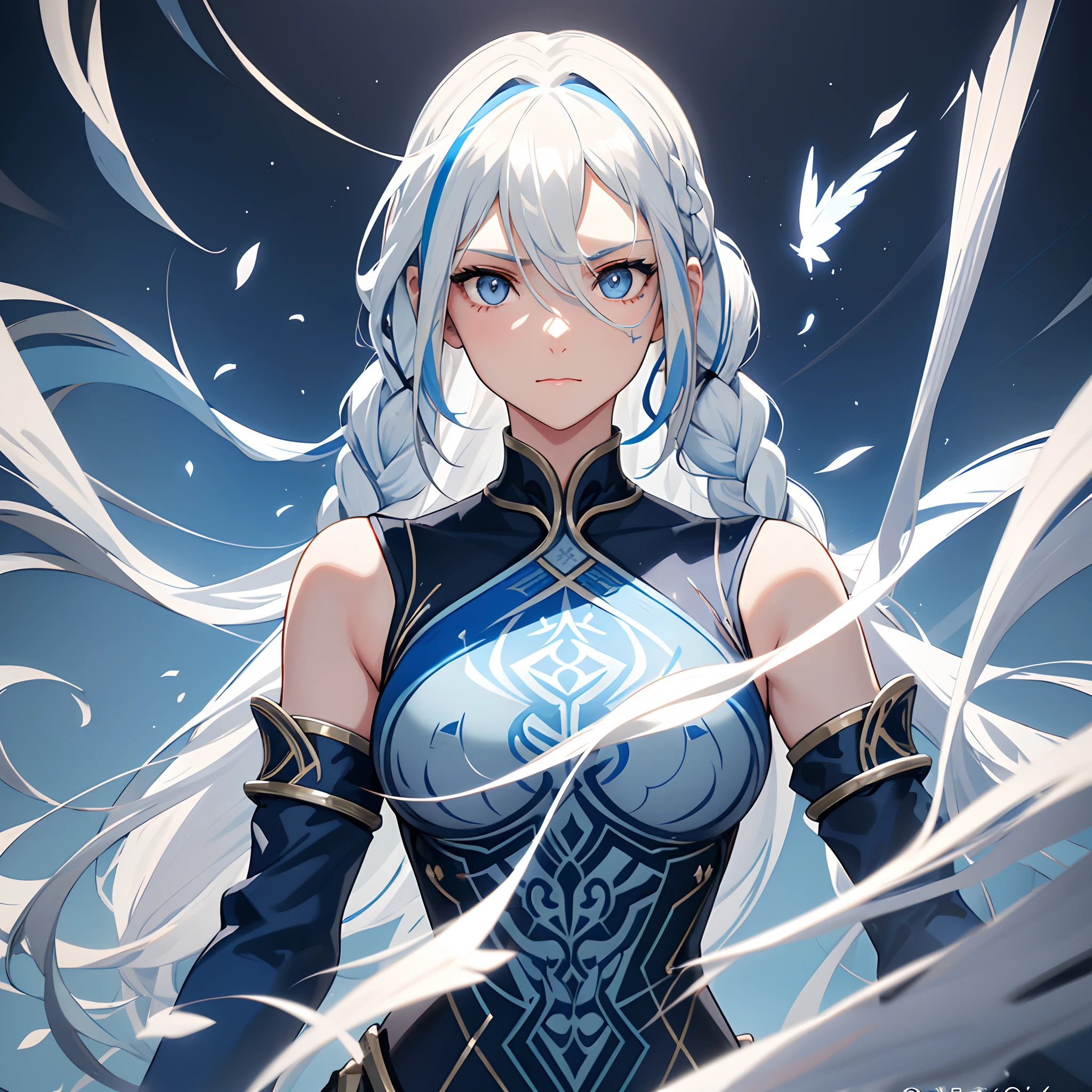 One girl, blue eyes, white hair, long hair, (((blue-streaked white hair))), french braids, delicate and flexible eyes, knightly attire, FOV, f/1.8, masterpiece, ancient civilization's ruins background, blue sky, falling leaves, front portrait shot, face focus, 8K, (((bare shoulders))), front bangs, (((asymmetrical hair))), knight lady, (((female knight light-blue attire))), looking at viewers, big breasts, (((untied hair))), (((detached sleeves))), (patterned breastplate), (patterned breast armor), (((face photoshoot))), (close-up photo)
