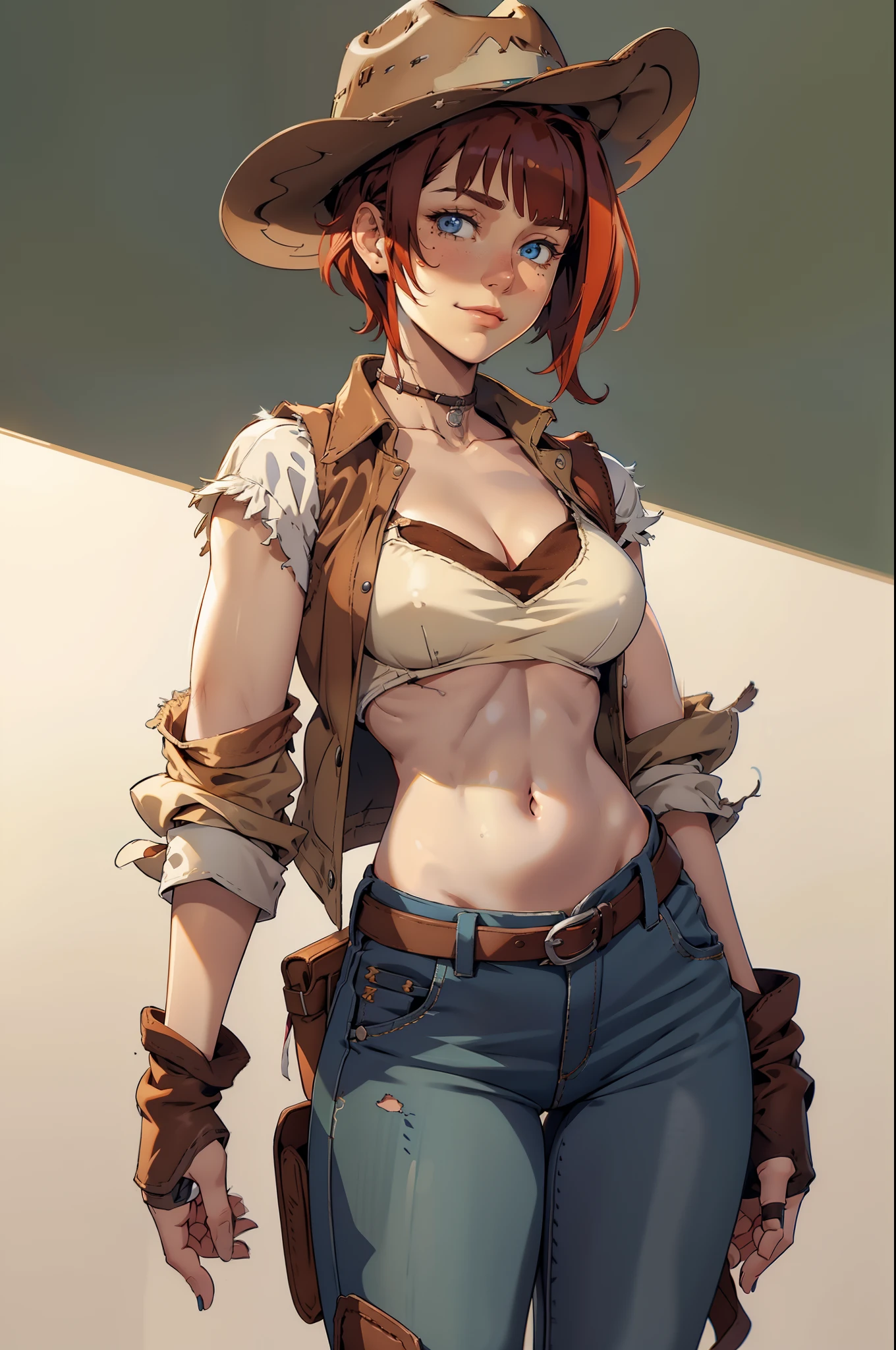 1girl, cowboy hat, white bra, green vest, no sleeve, navel, blue jeans, brown boots, fingerless short gloves, short hair, red hair, parted bangs, blue eyes, mole under right eye, slight smile, american old west, best quality, masterpiece