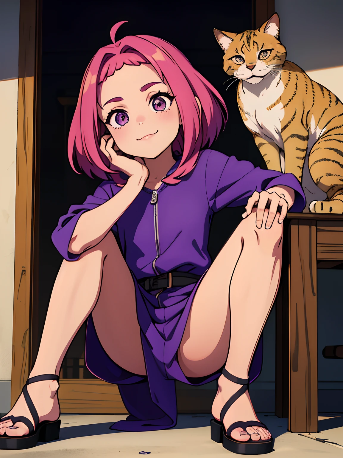 , Energetic and communicative, cabelos ruivos, pele rosada, sardas pelo corpo, olhos castanhos claros quase avermelhados, sorriso encantador, Ela adora animais, especialmente gatos, e sempre que pode, brinca e cuida deles. She wears a violet jumpsuit that exposes her legs to the middle of her thigh, Combined with comfortable and adherent sandals. He is a curious child and is always on the lookout for adventures and new discoveries.