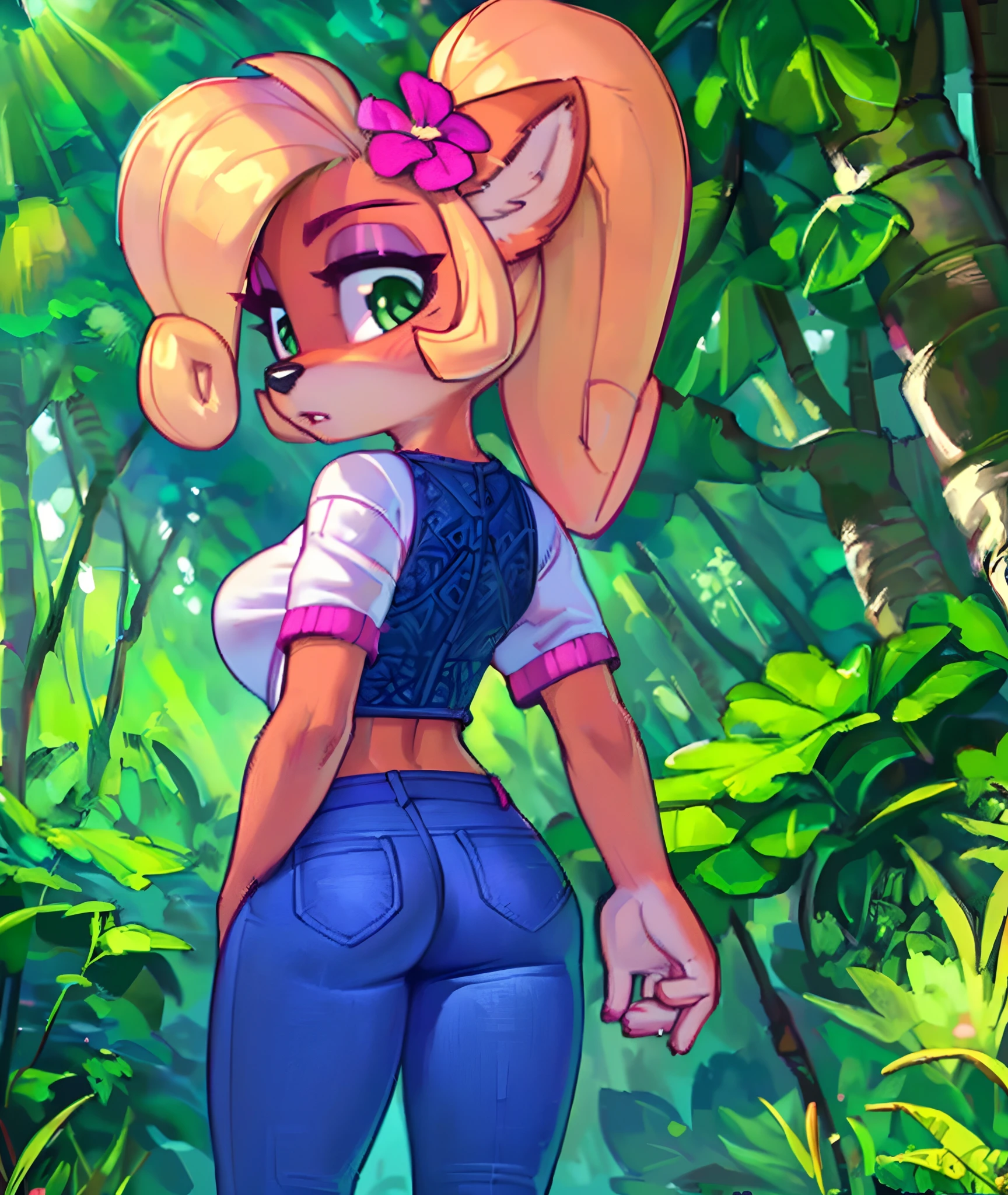 [Coco bandicoot], [Uploaded to e621.net; (Pixelsketcher), (wamudraws)], ((masterpiece)), ((high quality)), ((HD)), ((solo portrait)), ((full body)), ((front view)), ((furry; anthro)), ((detailed fur)), ((detailed shading)), ((beautiful render art)), ((back view)), ((shoes visible)), ((intricate details)), {anthro; orange fur, black nose, (cute half-closed green eyes), (pink eyeshadow), (expressionless), blonde curly hair, curly ponytail}, {(white shirt pink lining), (small boobs), (tight jeans), (pink sneakers), (pink flower on head)}, {(standing), (arms at sides), (looking back)}, [background; (tropical forest), (trees), (sun rays), (pink laptop)]