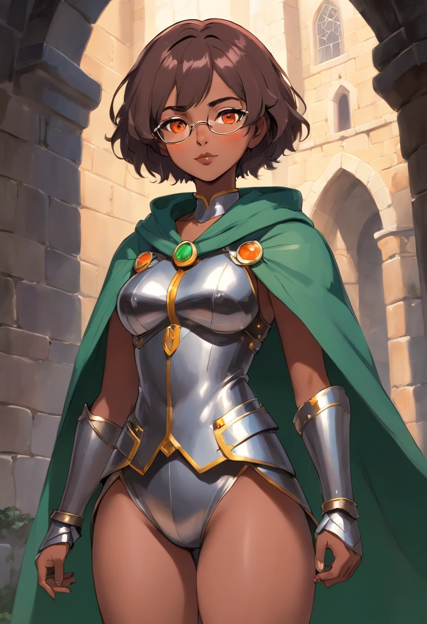 Perscription glasses, dark skin, short wavy hair, light orange eyes, dark lip stick, dark lip gloss, athletic, cleavage, smirking, wide eyes, green medieval cloak, steel armor, thick thighs, hands behind back, standing, facing viewer