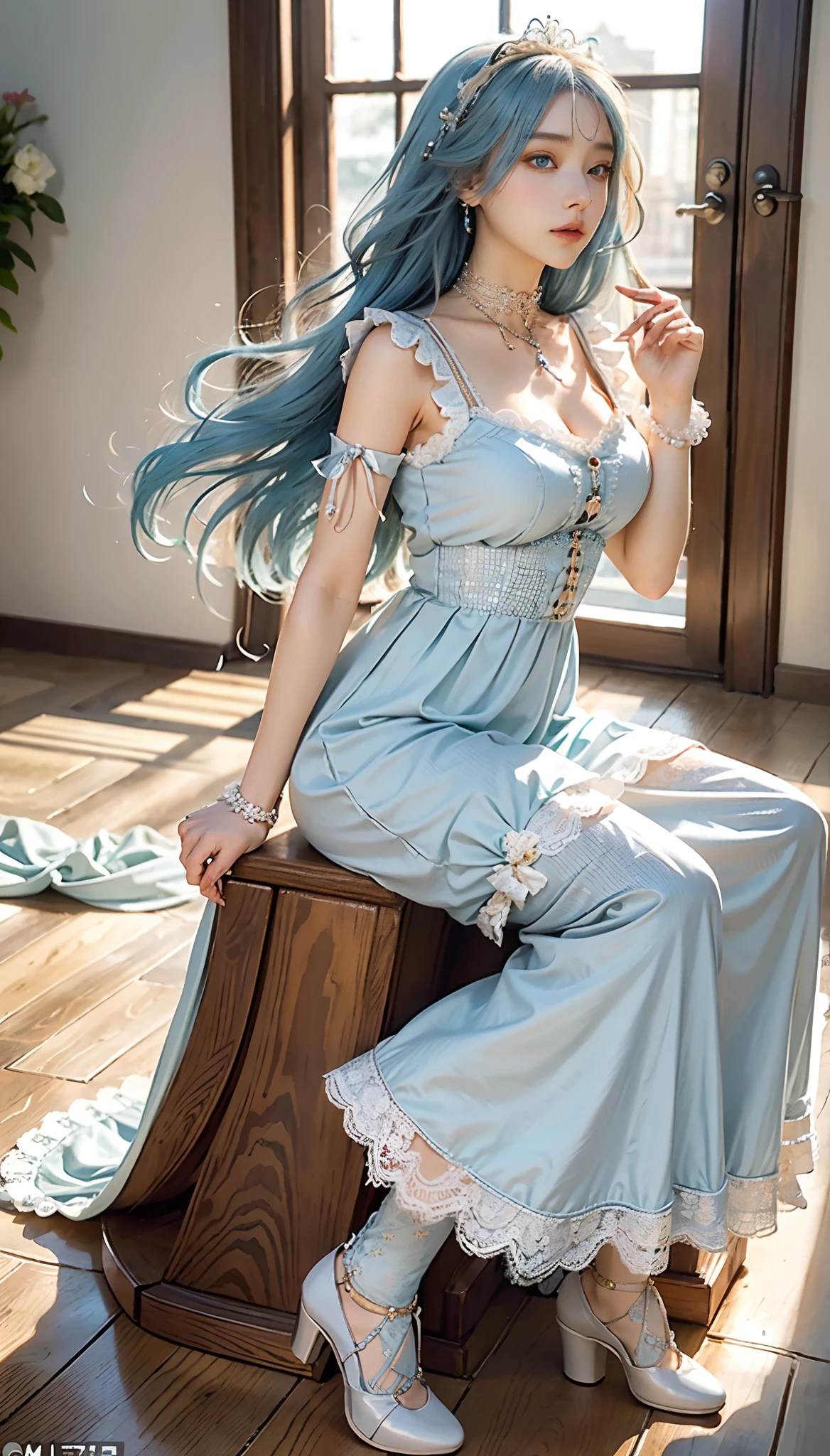 meticulous portrayal of face,1 noblewoman,(Lace orange ta maxi dress),(Long flowing light blue hair),Exquisite jewelry all over the body,Collar,Anklets,head chain,Lace-trimmed socks,(Lolihoes), s the perfect face, perfect hand, Perfect Finger, Perfect lips, perfect eyes,Extremely normal body, Perfect background