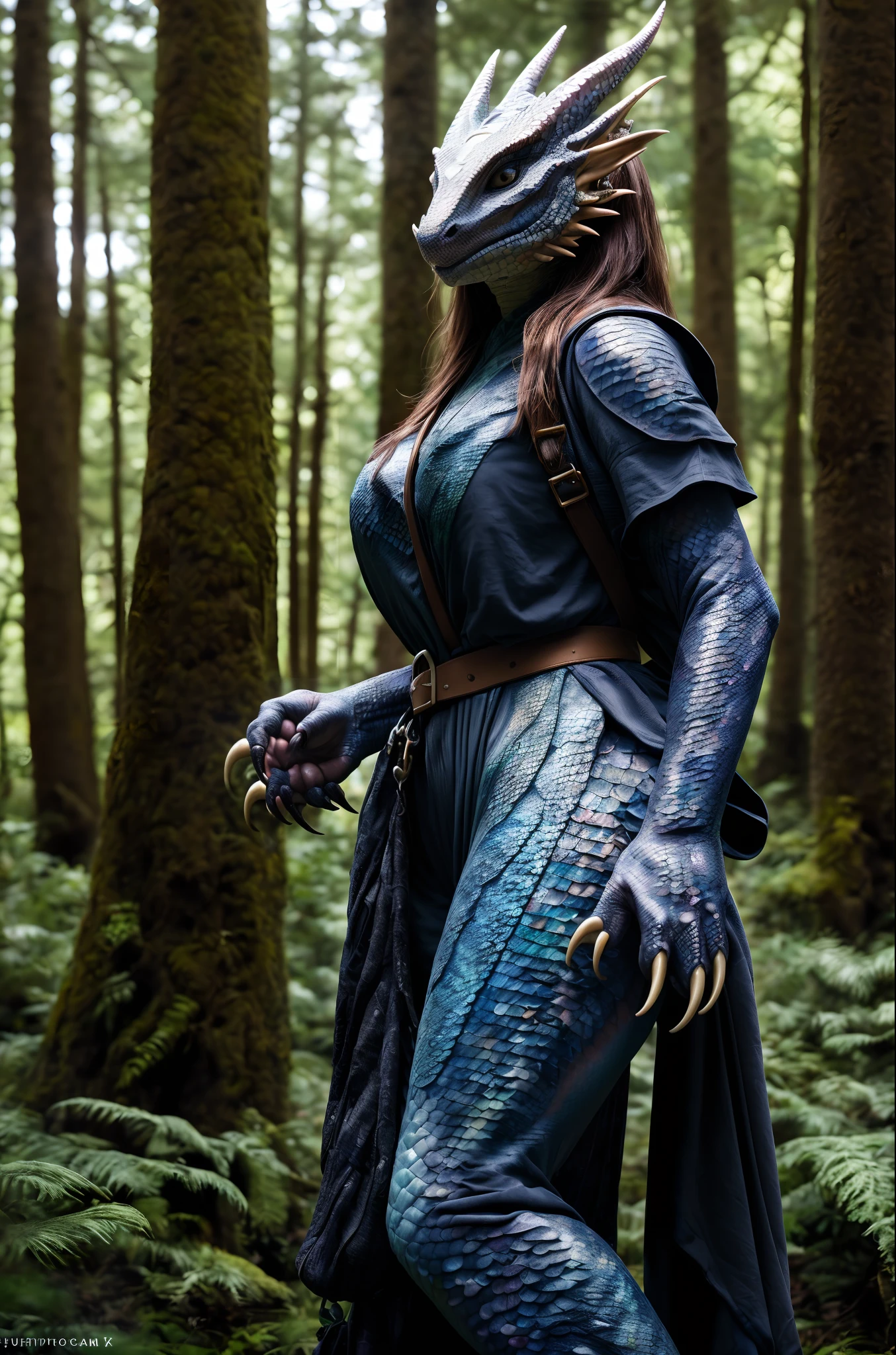 RAW photo, a portrait photo of anthro dragon  woman, traveler clothes, standing in the forest, ((detailed scales , realistic scales, claws:1.3)), 64k uhd, high quality, film grain, Fujifilm XT3