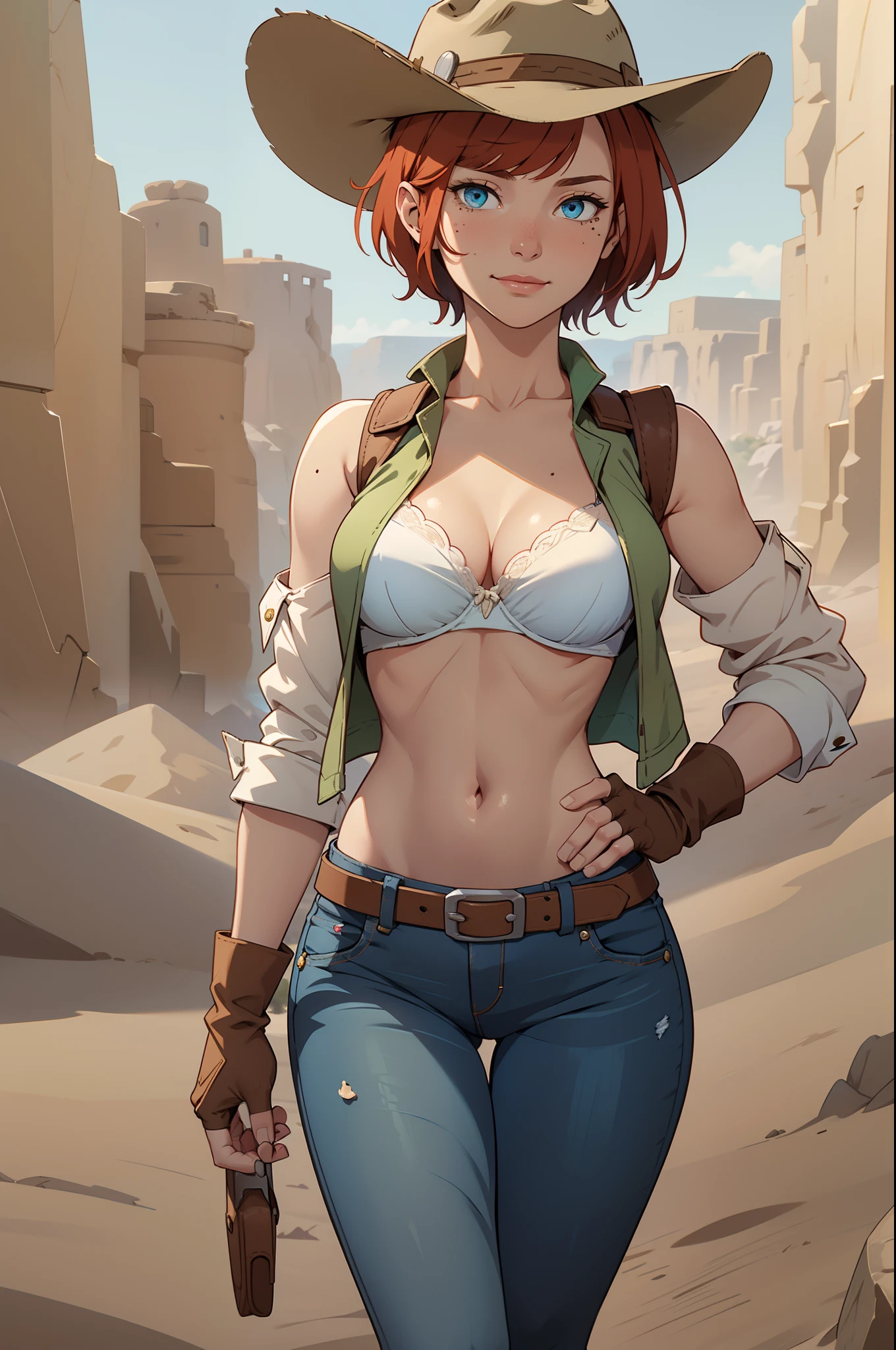 1girl, cowboy hat, white bra, green vest, no sleeve, navel, blue jeans, brown boots, fingerless short gloves, short hair, red hair, parted bangs, blue eyes, mole under right eye, slight smile, american old west, best quality, masterpiece, background sunny desert,