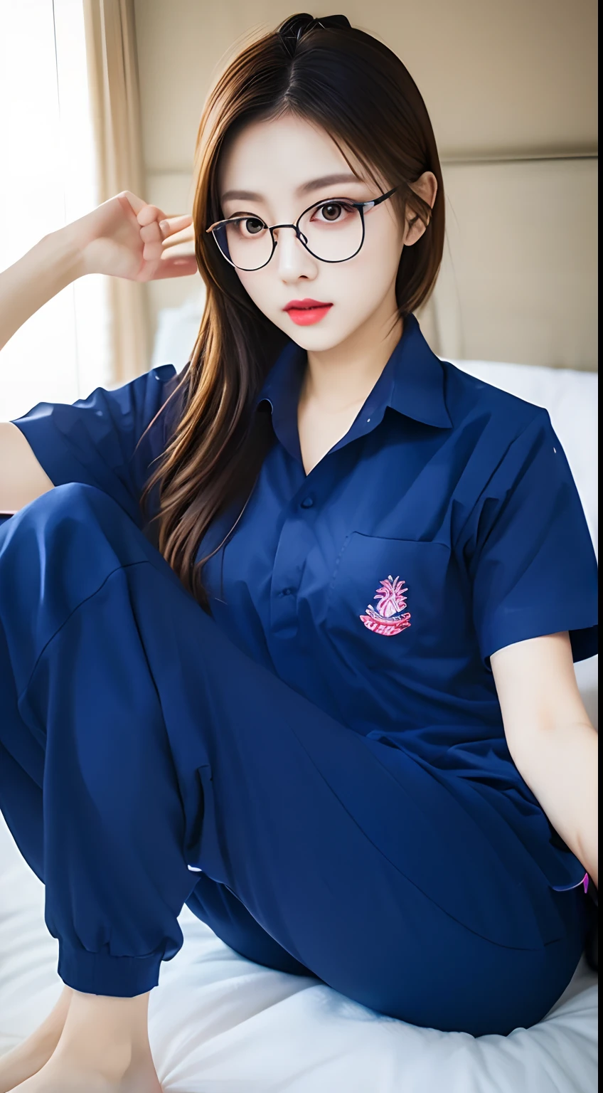 masterpiece, best quality, ultra realistic, hyper-detailed, 8k resolution, RAW photo, sharp focus, (2 girl on bed), ((navy shirt:1.1)), short sleeves, long trackpant, perfect body, 2 mature female, 18yo, cinematic light, Let go of me!, long-haired, Sweatpants, Gym Wear, Wear glasses.