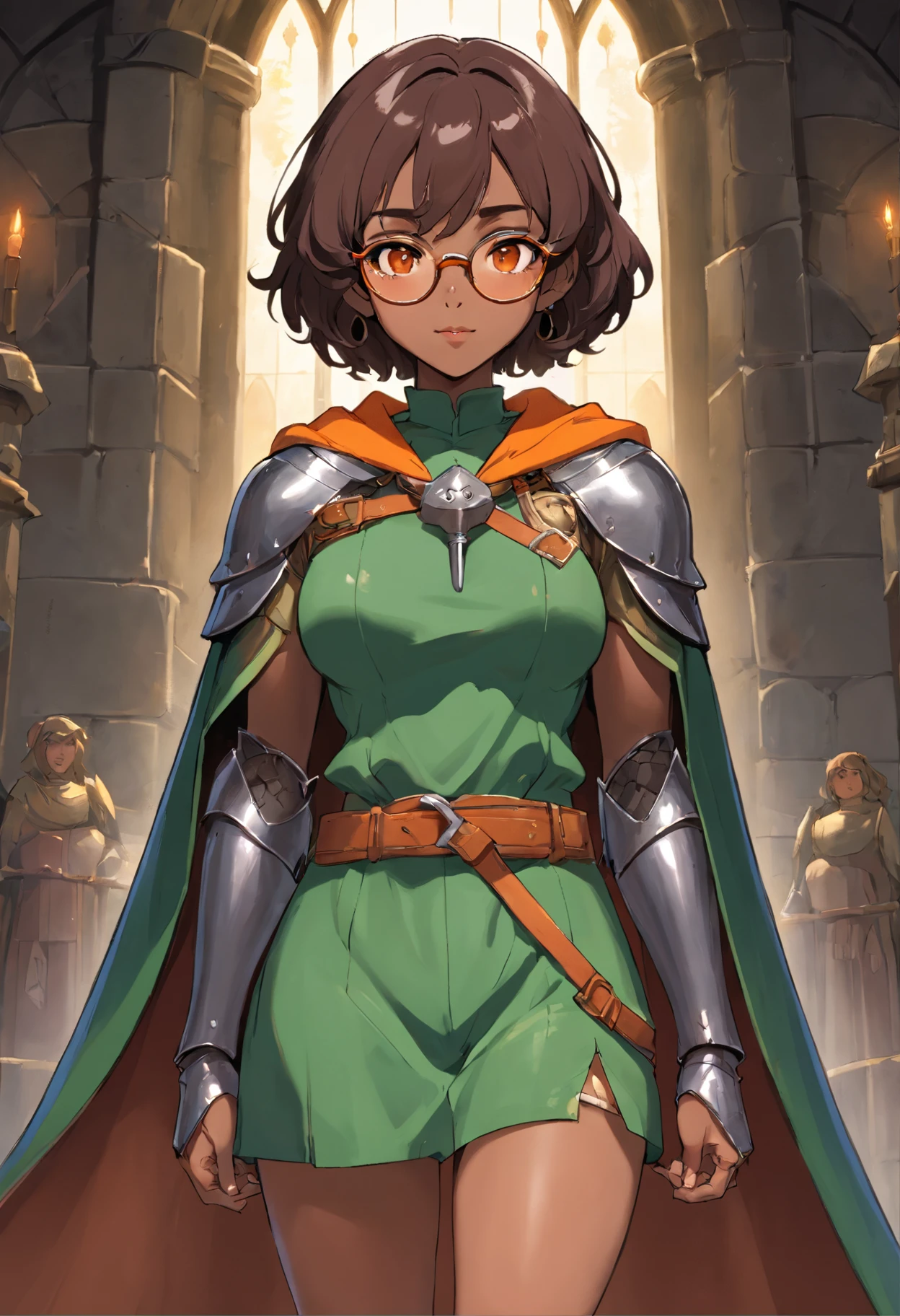 Perscription glasses, dark skin, short wavy hair, light orange eyes, dark lip stick, dark lip gloss, athletic, cleavage, smirking, wide eyes, green medieval cloak, steel armor, thick thighs, hands behind back, standing, facing viewer