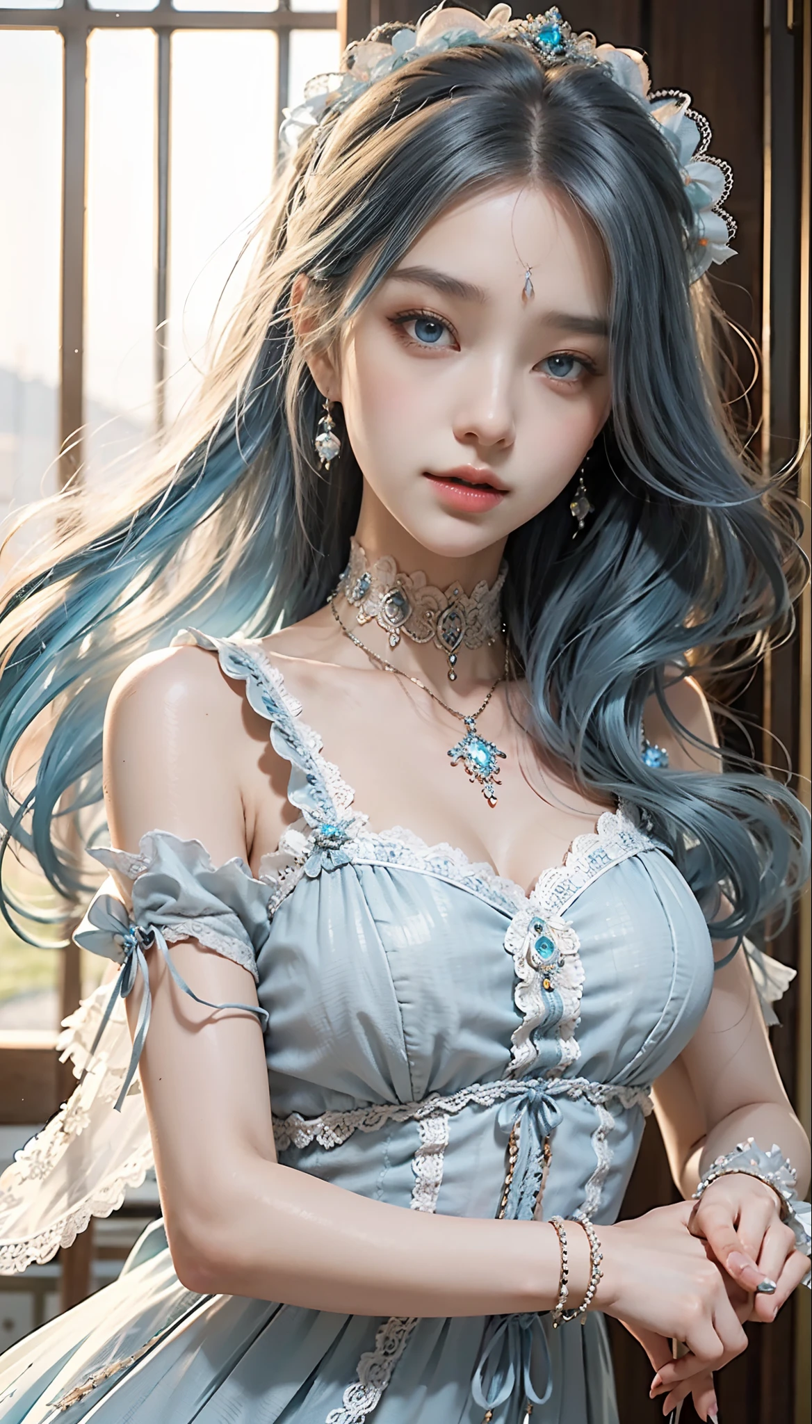 meticulous portrayal of face,1 noblewoman,(Lace orange ta maxi dress),(Long flowing light blue hair),Exquisite jewelry all over the body,Collar,Anklets,head chain,Lace-trimmed socks,(Lolihoes), s the perfect face, perfect hand, Perfect Finger, Perfect lips, perfect eyes,Extremely normal body, Perfect background