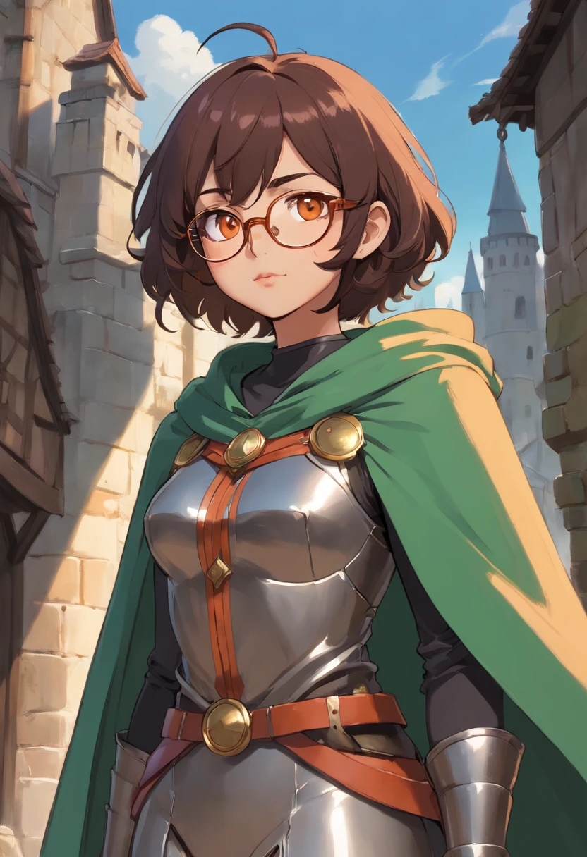 Perscription glasses, dark skin, short wavy hair, light orange eyes, dark lip stick, dark lip gloss, athletic, cleavage, smirking, wide eyes, green medieval cloak, steel armor, thick thighs, hands behind back, standing, facing viewer
