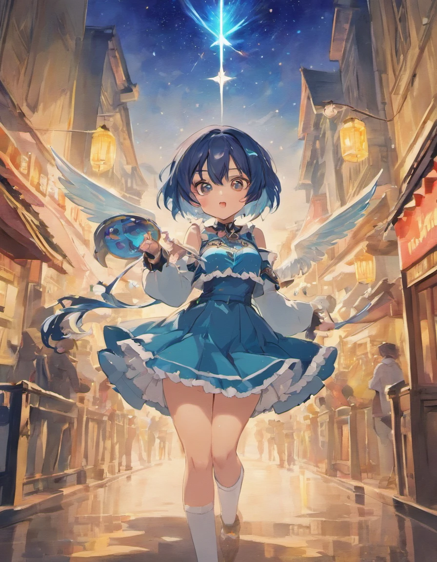 hightquality, Pure Beautiful Girl, Dark Blue Medium Bob Hair, Starry Yellow Eyes, Moderately large breasts, Crystal clear white skin, Light Blue Eyeshadow, Peach-colored lips, adventurer, white frilly blouse, Black miniskirt, knee high socks, Absolute area, a black choker,Magic wand with large light blue feathers, The background is a village